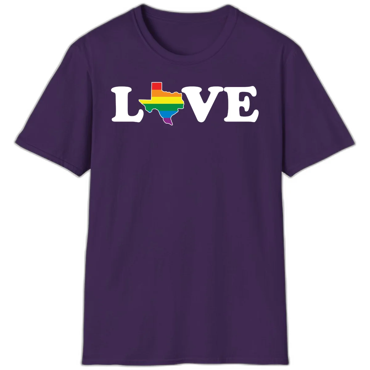 Love Texas Pride design: white LOVE text with Texas state map in rainbow pride colors on gray background in Purple