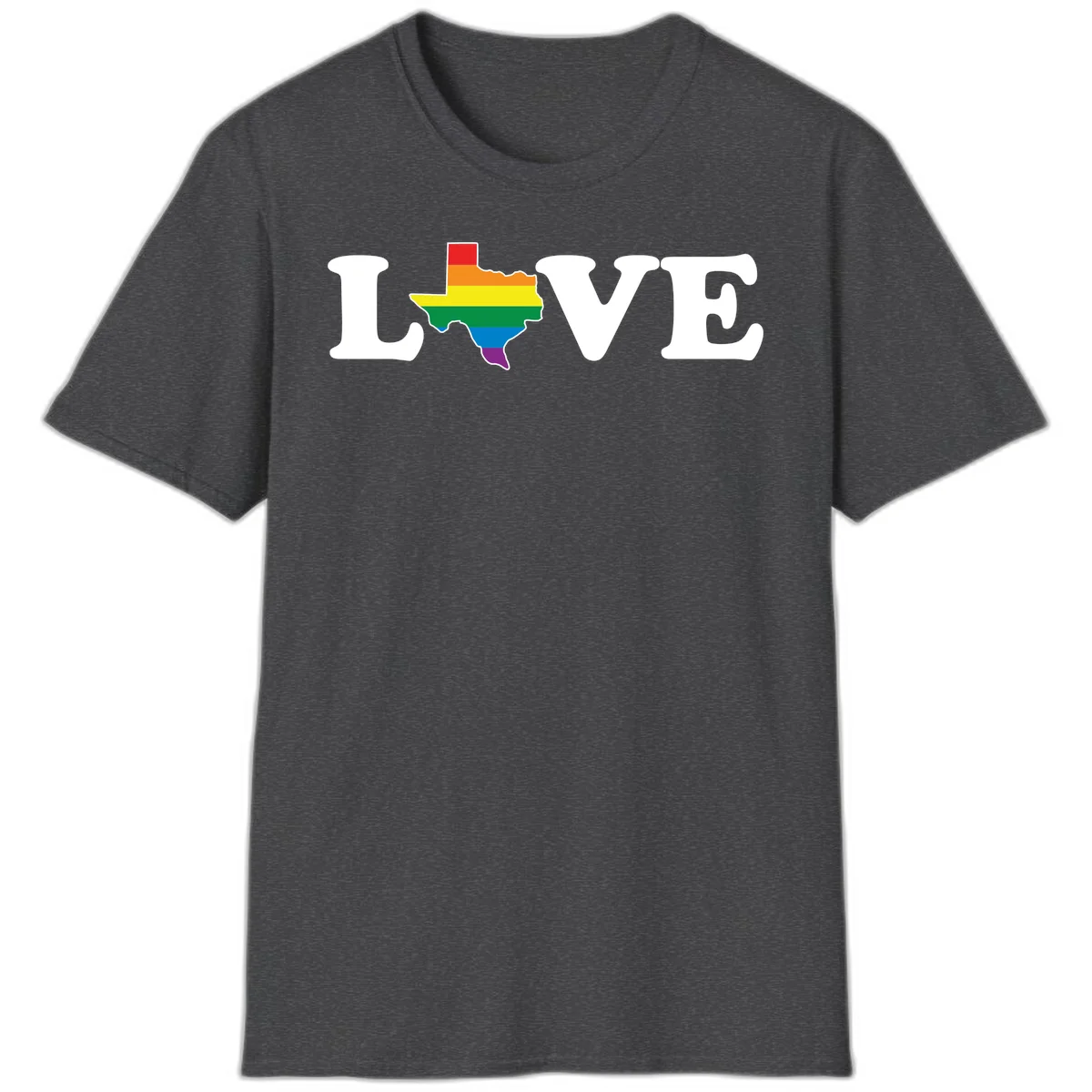 Love Texas Pride design: white LOVE text with Texas state map in rainbow pride colors on gray background in Dark Heather