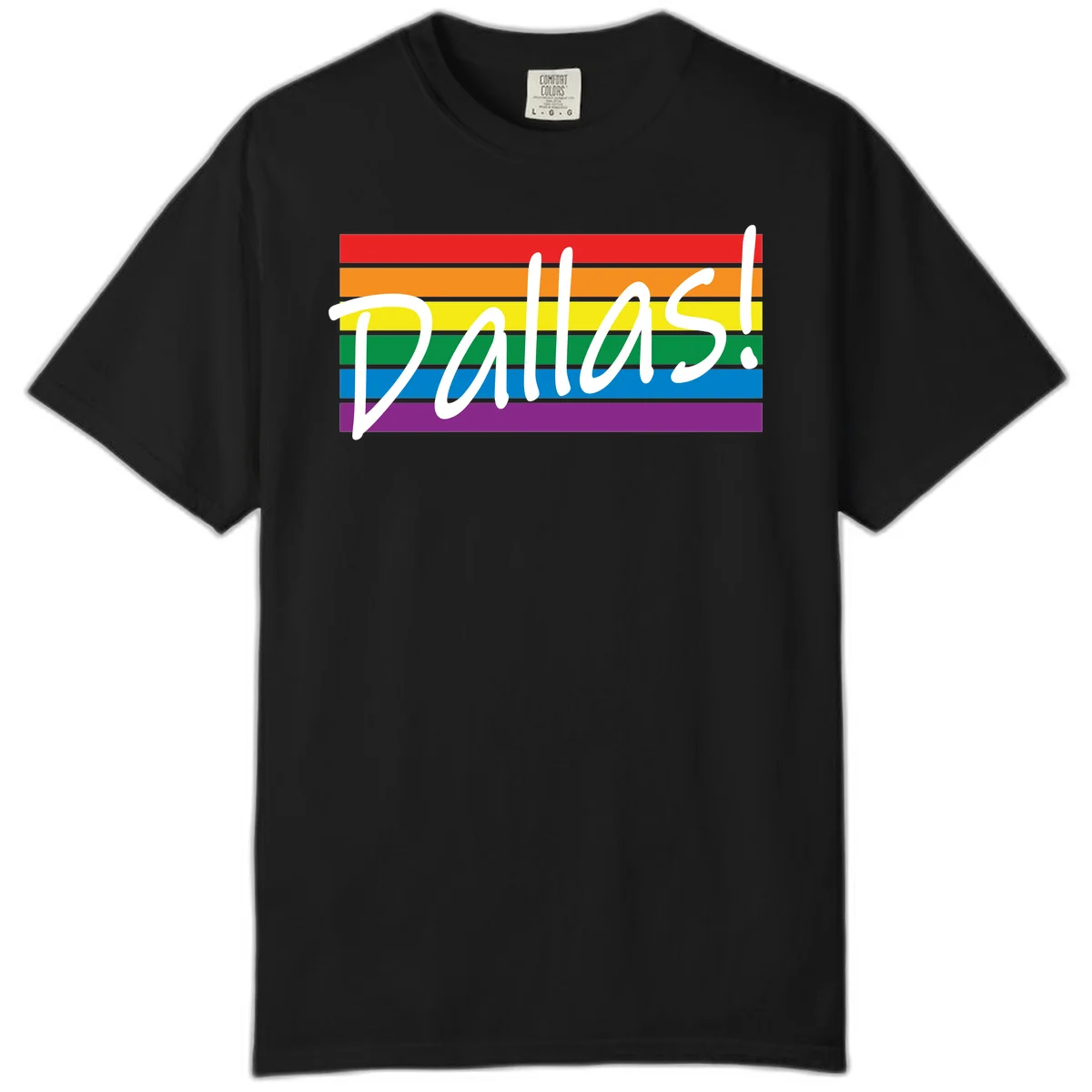 Pallas pride rainbow design with white handwritten text over horizontal stripes in red, orange, yellow, green, blue, and purple in Black