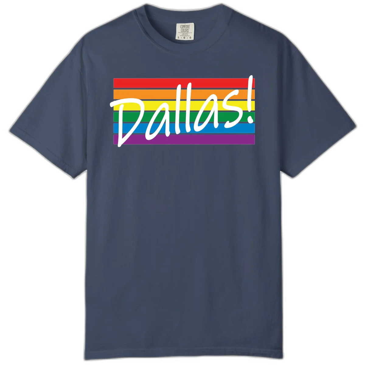 Pallas pride rainbow design with white handwritten text over horizontal stripes in red, orange, yellow, green, blue, and purple in Midnight