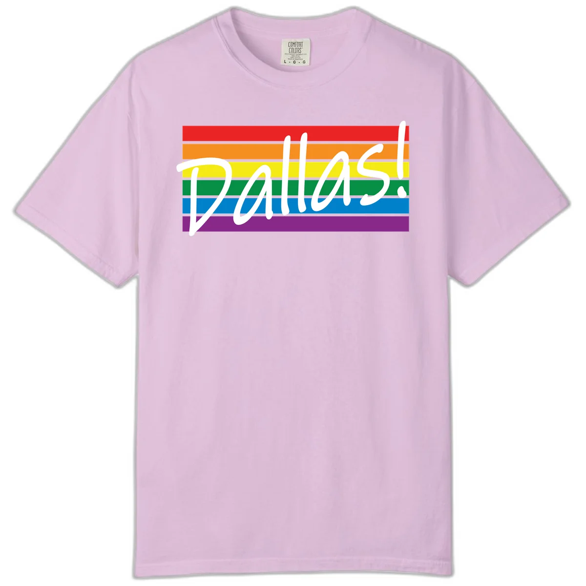 Pallas pride rainbow design with white handwritten text over horizontal stripes in red, orange, yellow, green, blue, and purple in Orchid