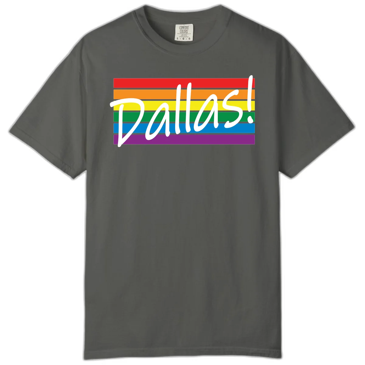 Pallas pride rainbow design with white handwritten text over horizontal stripes in red, orange, yellow, green, blue, and purple in Pepper