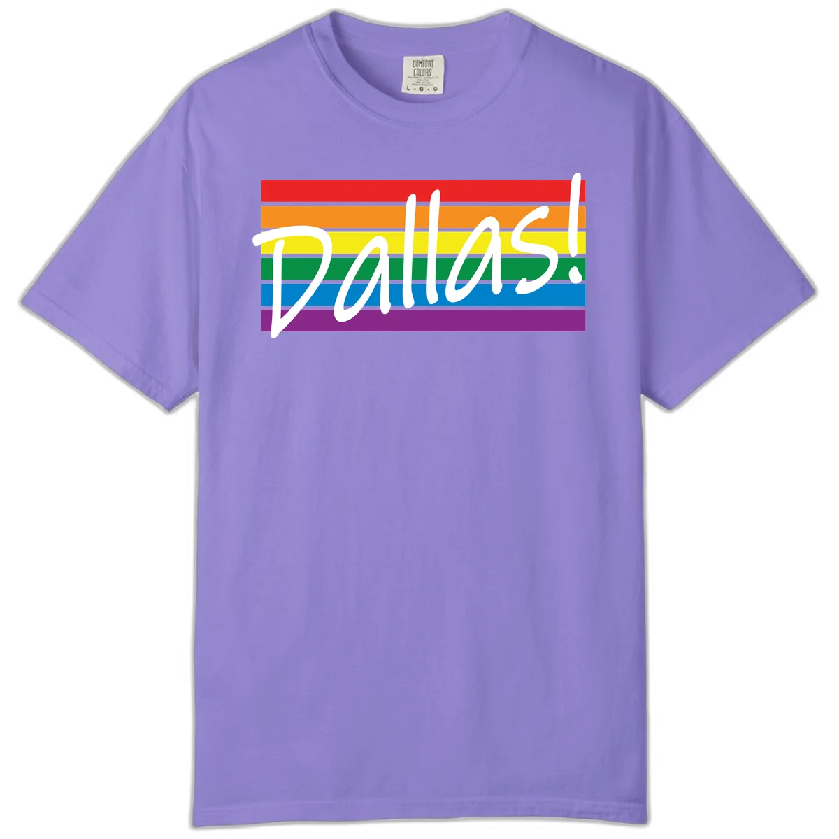 Pallas pride rainbow design with white handwritten text over horizontal stripes in red, orange, yellow, green, blue, and purple in Violet