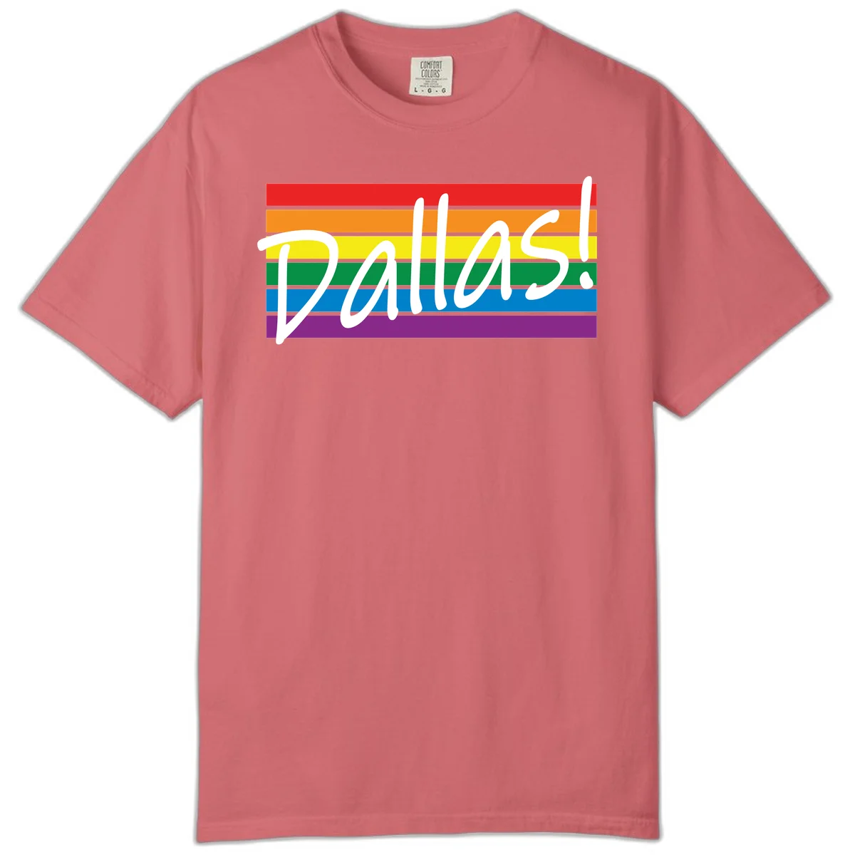 Pallas pride rainbow design with white handwritten text over horizontal stripes in red, orange, yellow, green, blue, and purple in Watermelon