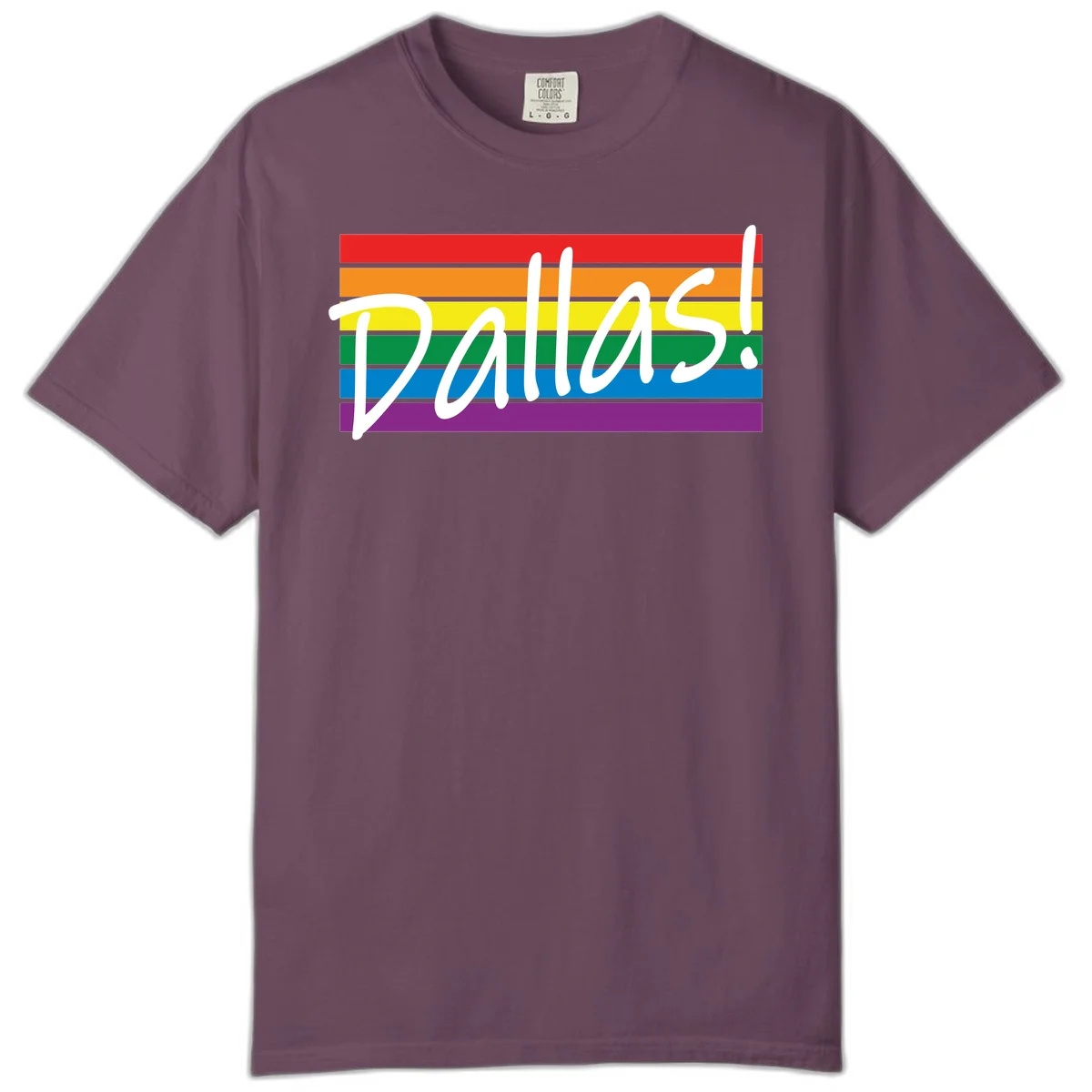 Pallas pride rainbow design with white handwritten text over horizontal stripes in red, orange, yellow, green, blue, and purple in Berry
