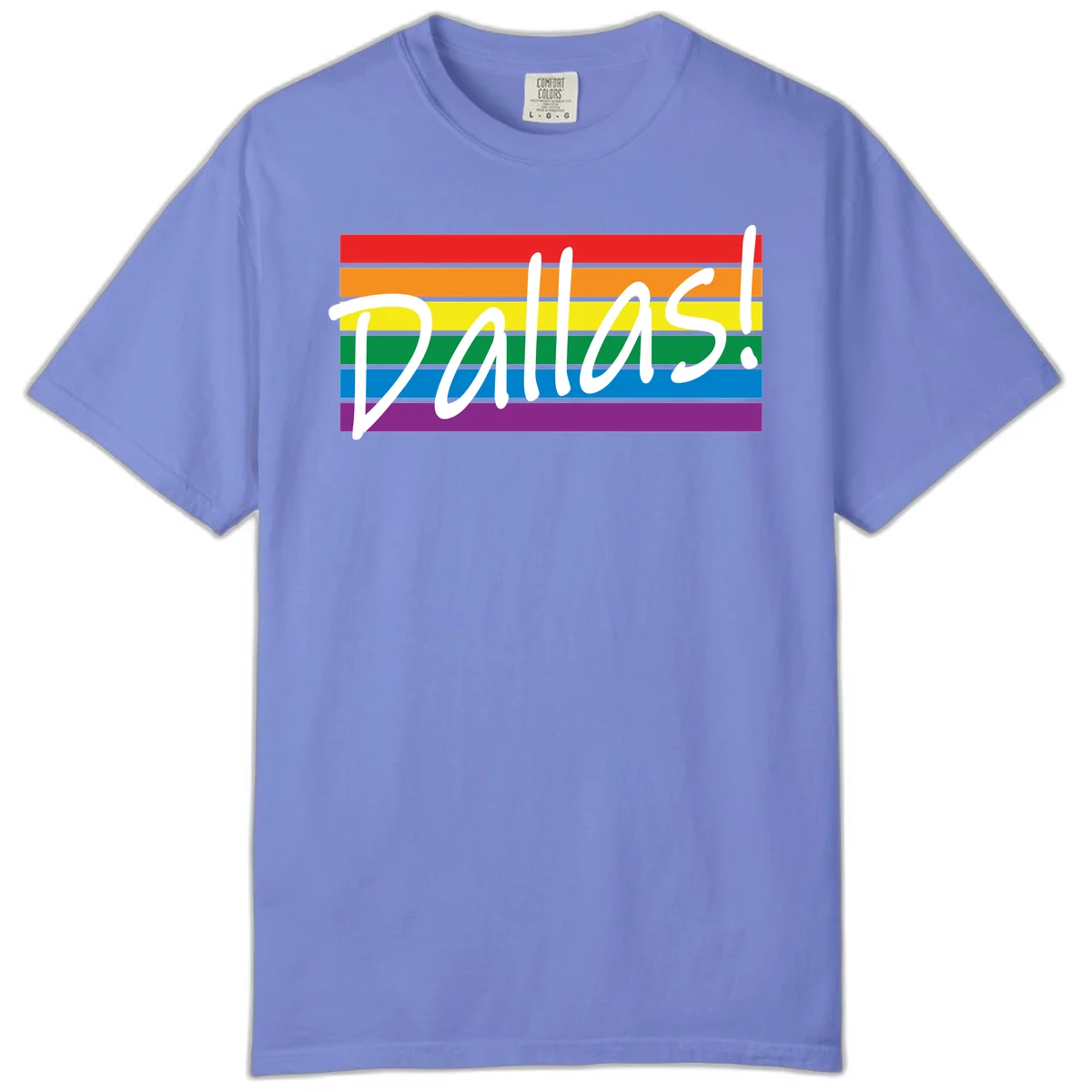 Pallas pride rainbow design with white handwritten text over horizontal stripes in red, orange, yellow, green, blue, and purple in Flo Blue