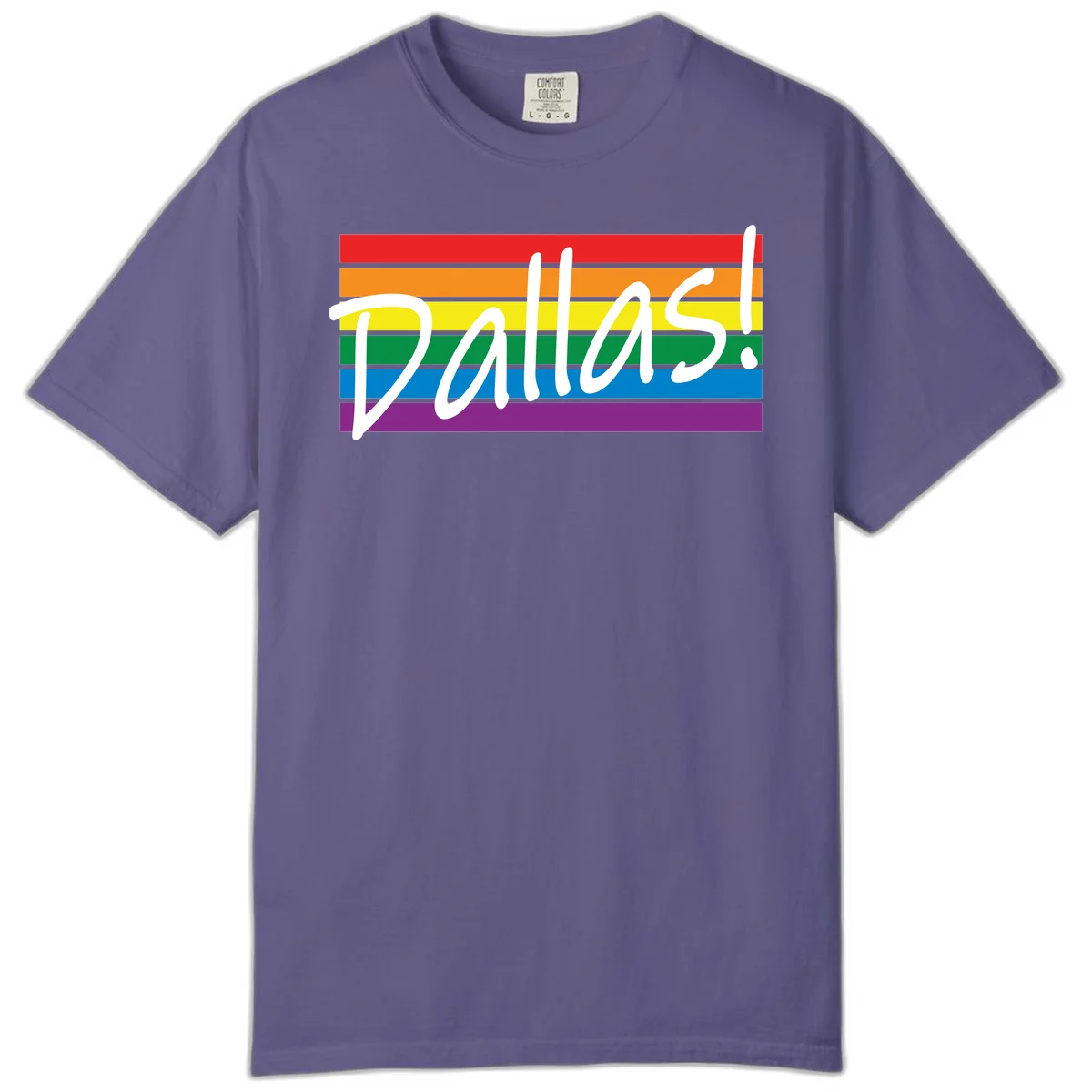 Pallas pride rainbow design with white handwritten text over horizontal stripes in red, orange, yellow, green, blue, and purple in Grape