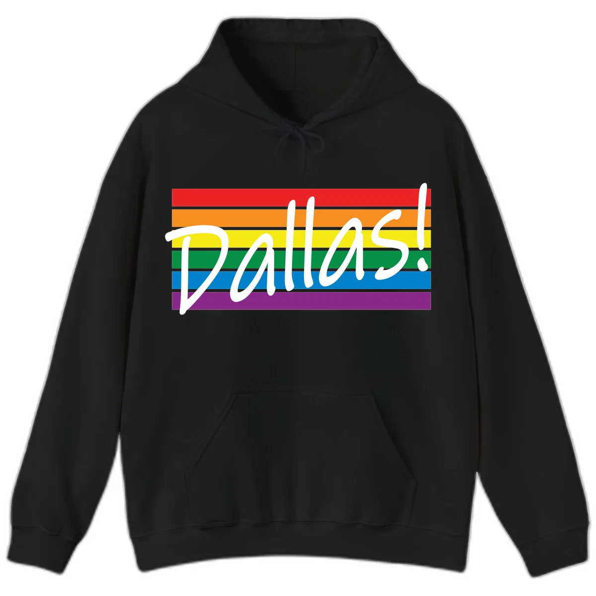 Pallas pride rainbow design with white handwritten text over horizontal stripes in red, orange, yellow, green, blue, and purple in Black