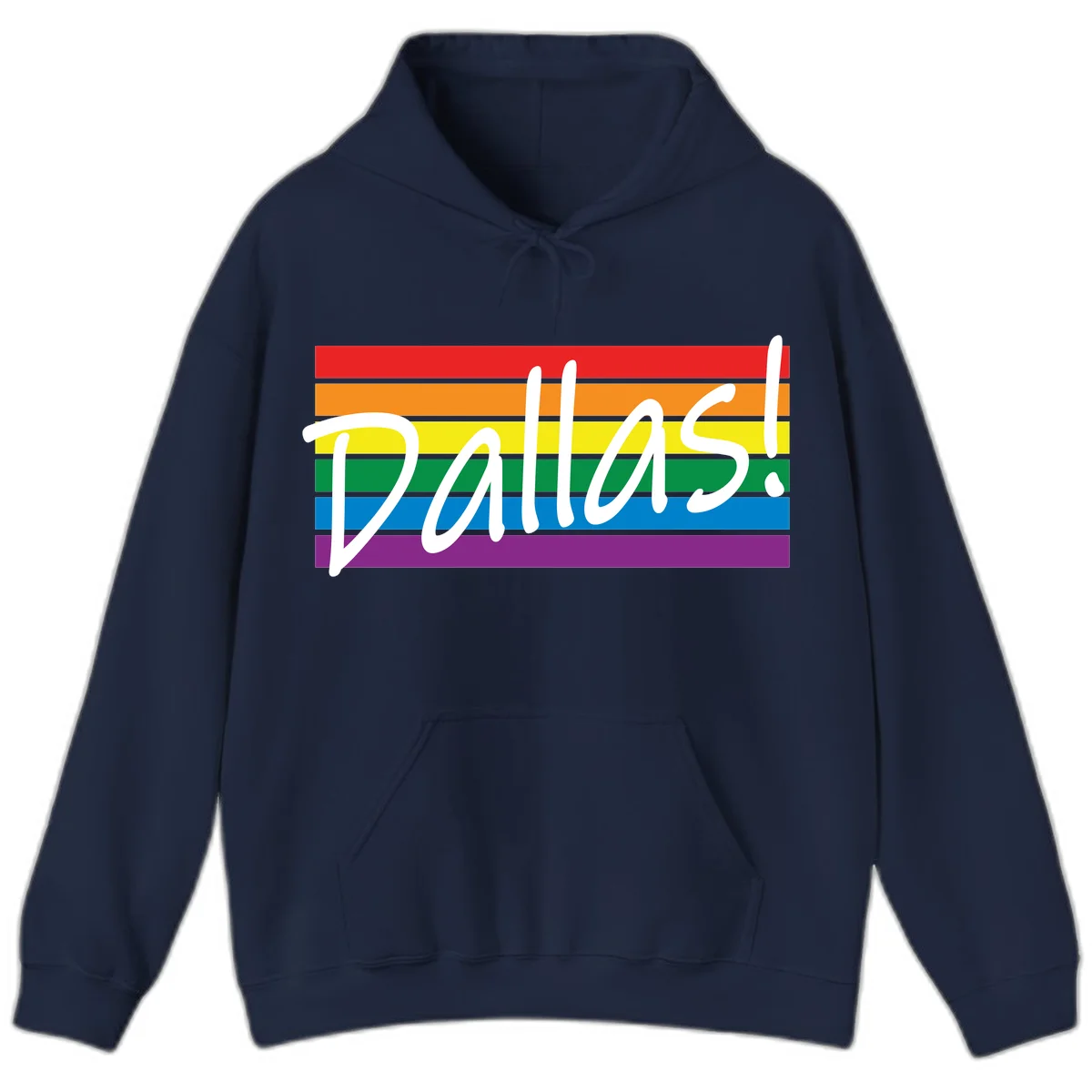 Pallas pride rainbow design with white handwritten text over horizontal stripes in red, orange, yellow, green, blue, and purple in Navy