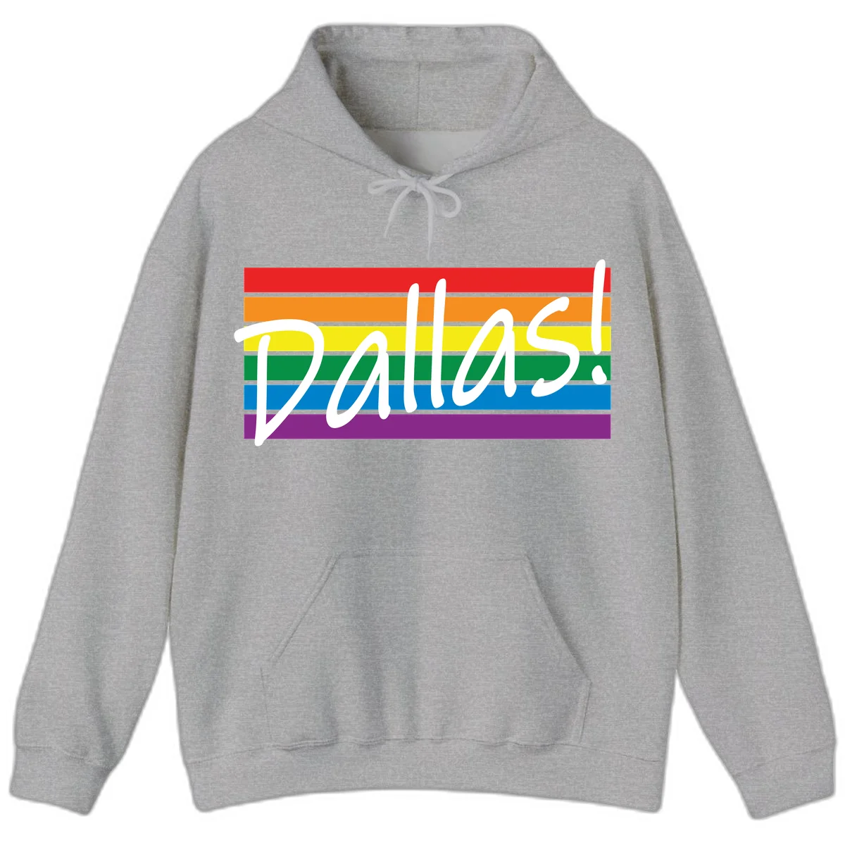 Pallas pride rainbow design with white handwritten text over horizontal stripes in red, orange, yellow, green, blue, and purple in Sport Grey