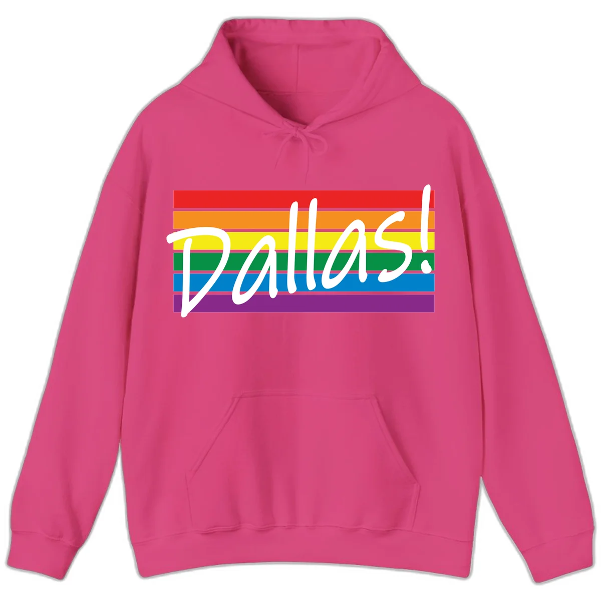 Pallas pride rainbow design with white handwritten text over horizontal stripes in red, orange, yellow, green, blue, and purple in Heliconia