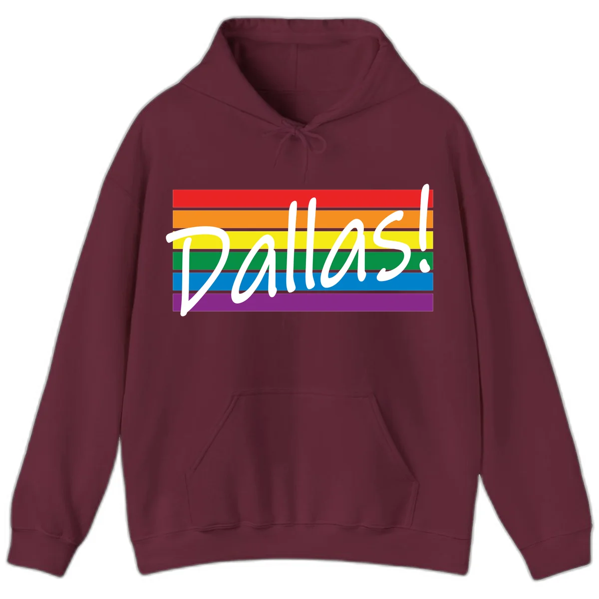 Pallas pride rainbow design with white handwritten text over horizontal stripes in red, orange, yellow, green, blue, and purple in Maroon