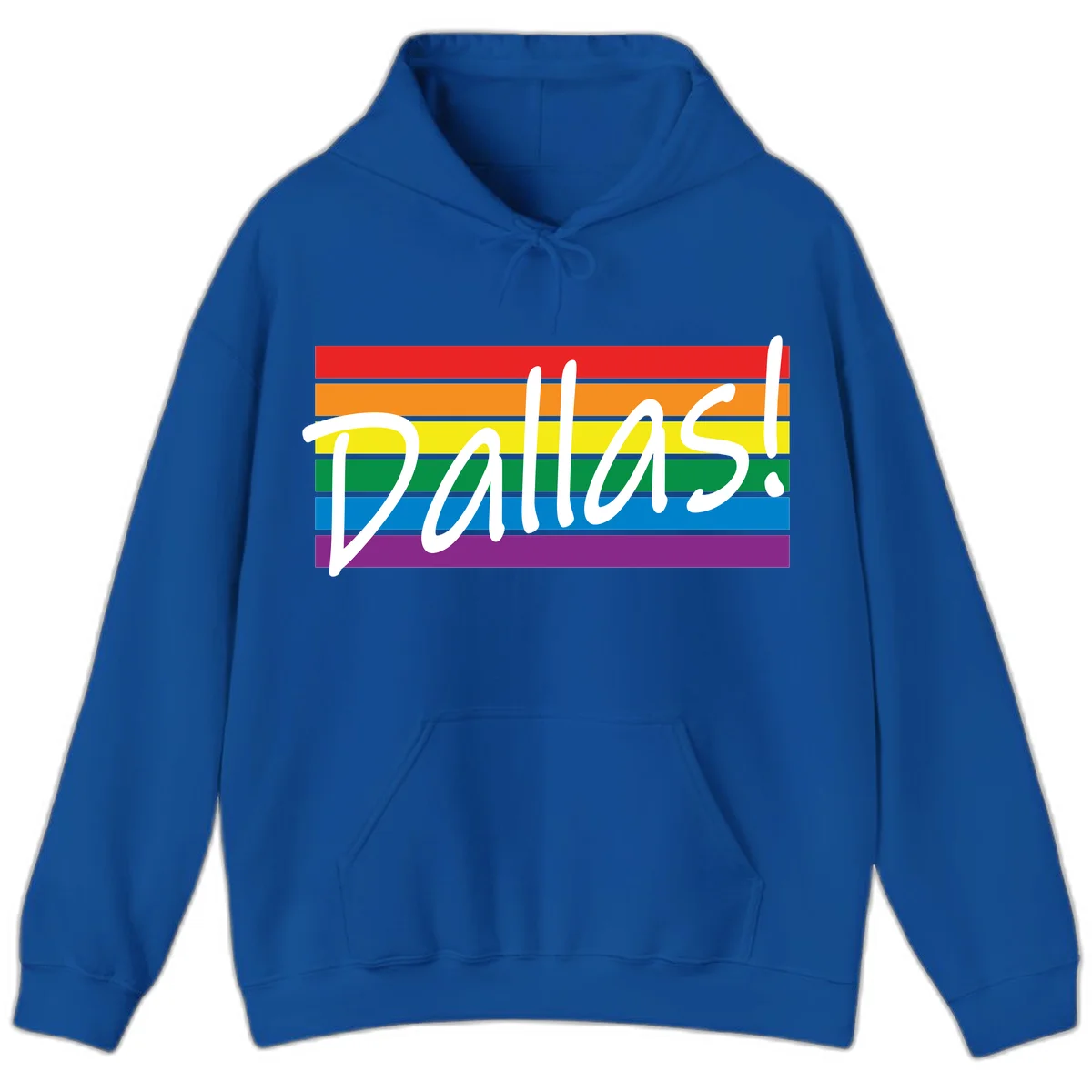 Pallas pride rainbow design with white handwritten text over horizontal stripes in red, orange, yellow, green, blue, and purple in Royal