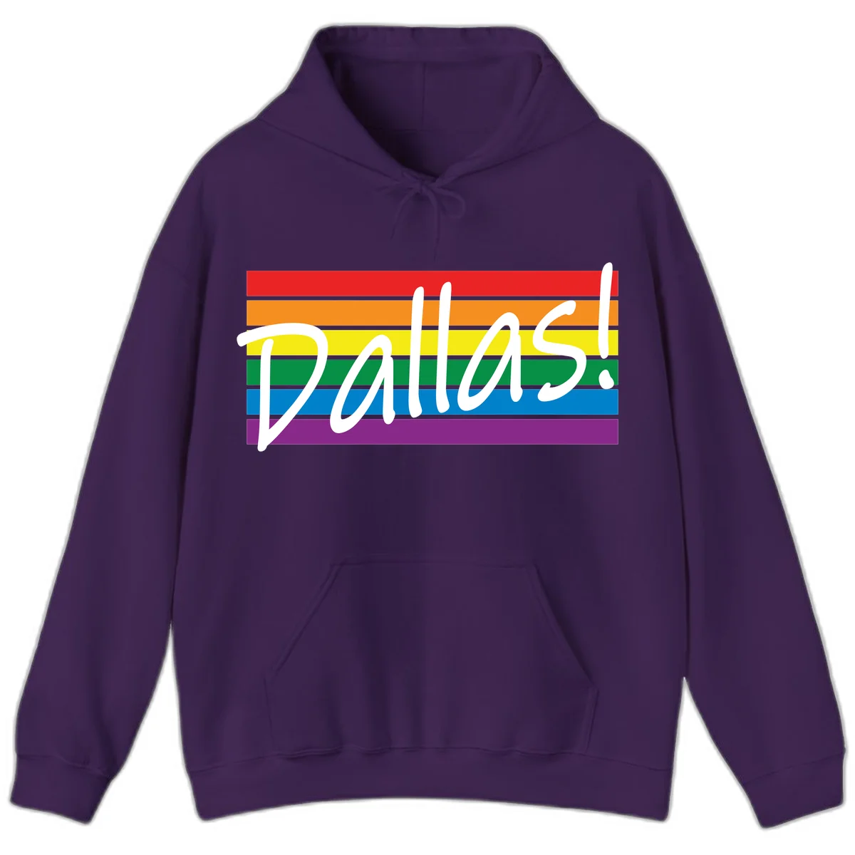 Pallas pride rainbow design with white handwritten text over horizontal stripes in red, orange, yellow, green, blue, and purple in Purple