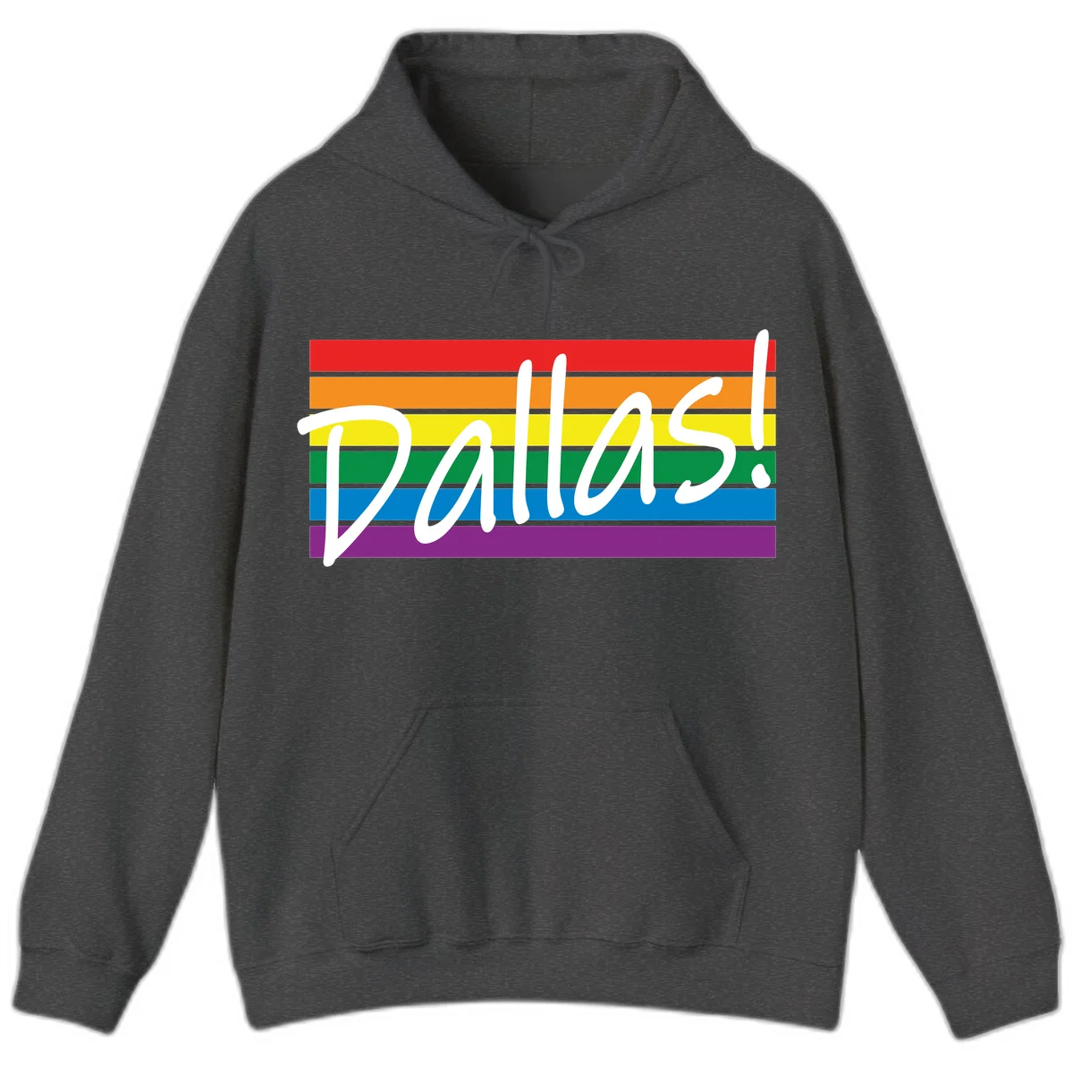 Pallas pride rainbow design with white handwritten text over horizontal stripes in red, orange, yellow, green, blue, and purple in Dark Heather