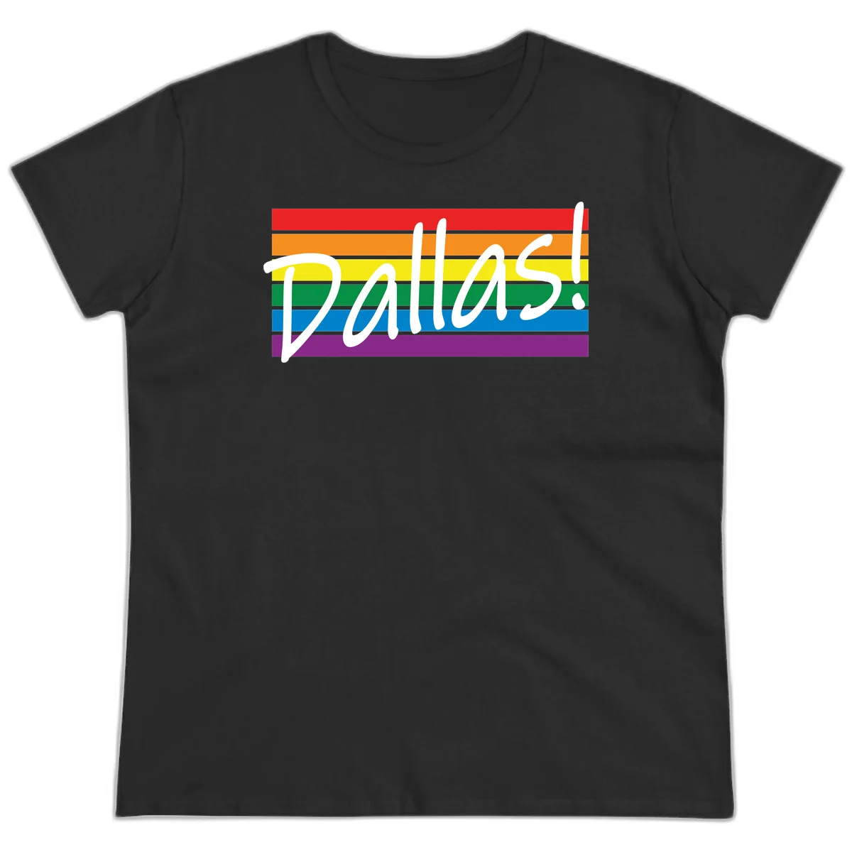 Pallas pride rainbow design with white handwritten text over horizontal stripes in red, orange, yellow, green, blue, and purple in Black