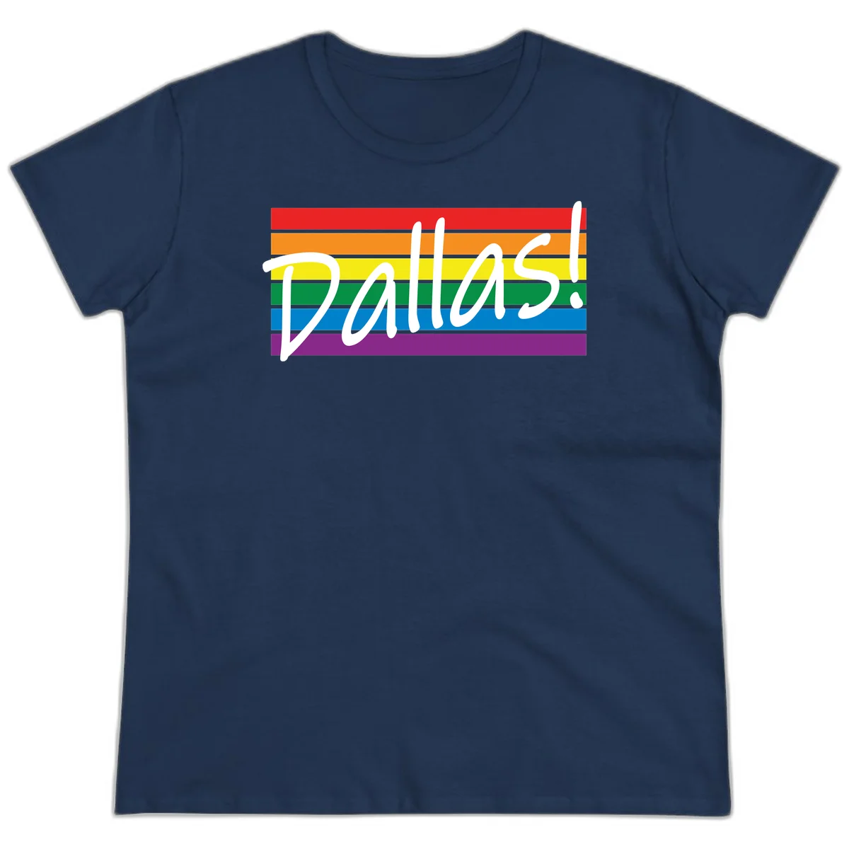 Pallas pride rainbow design with white handwritten text over horizontal stripes in red, orange, yellow, green, blue, and purple in Navy