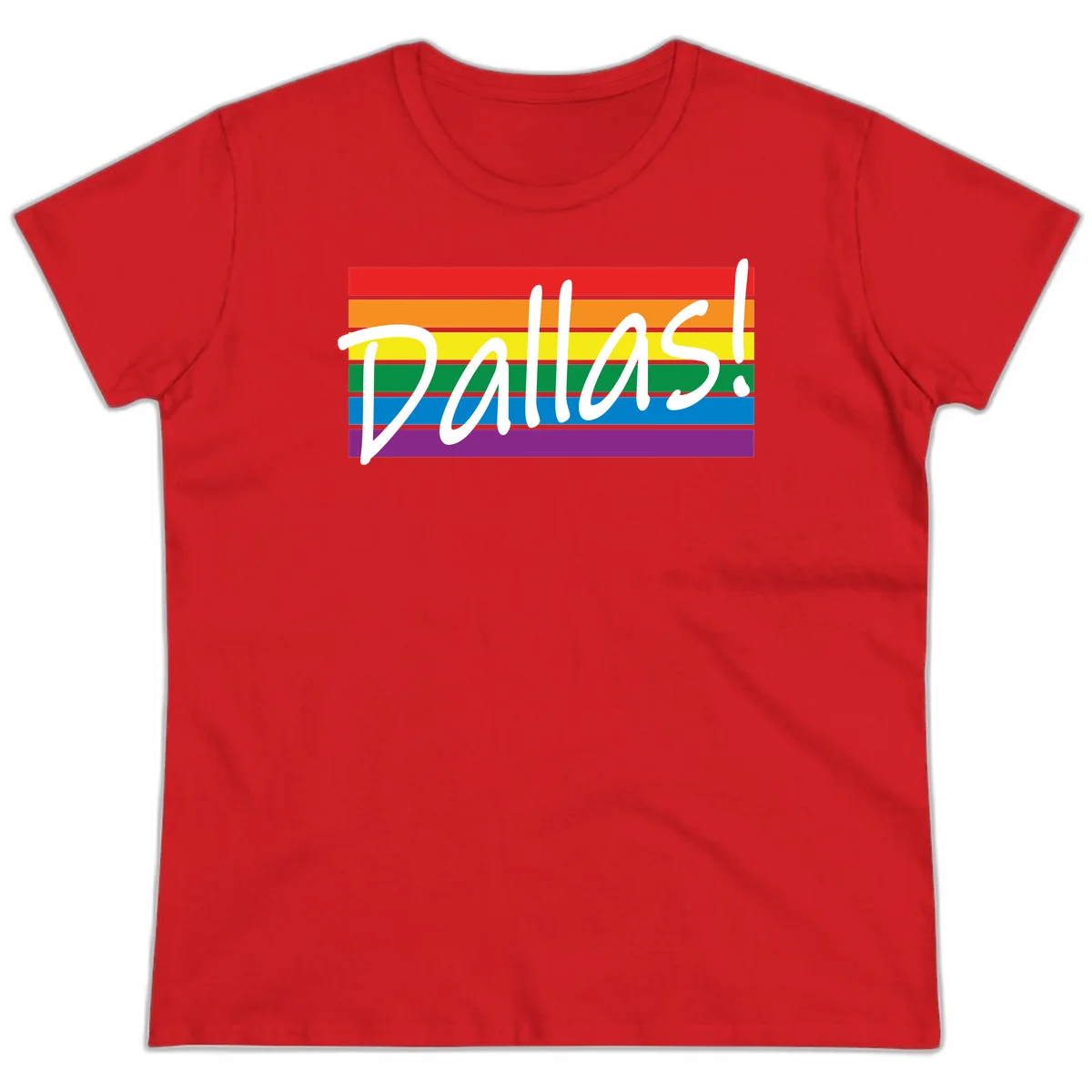 Pallas pride rainbow design with white handwritten text over horizontal stripes in red, orange, yellow, green, blue, and purple in Red