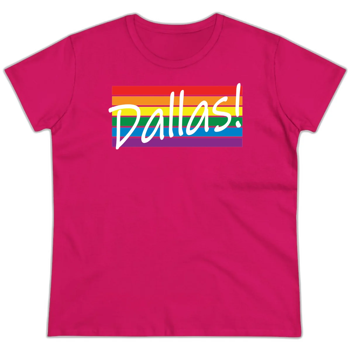 Pallas pride rainbow design with white handwritten text over horizontal stripes in red, orange, yellow, green, blue, and purple in Heliconia