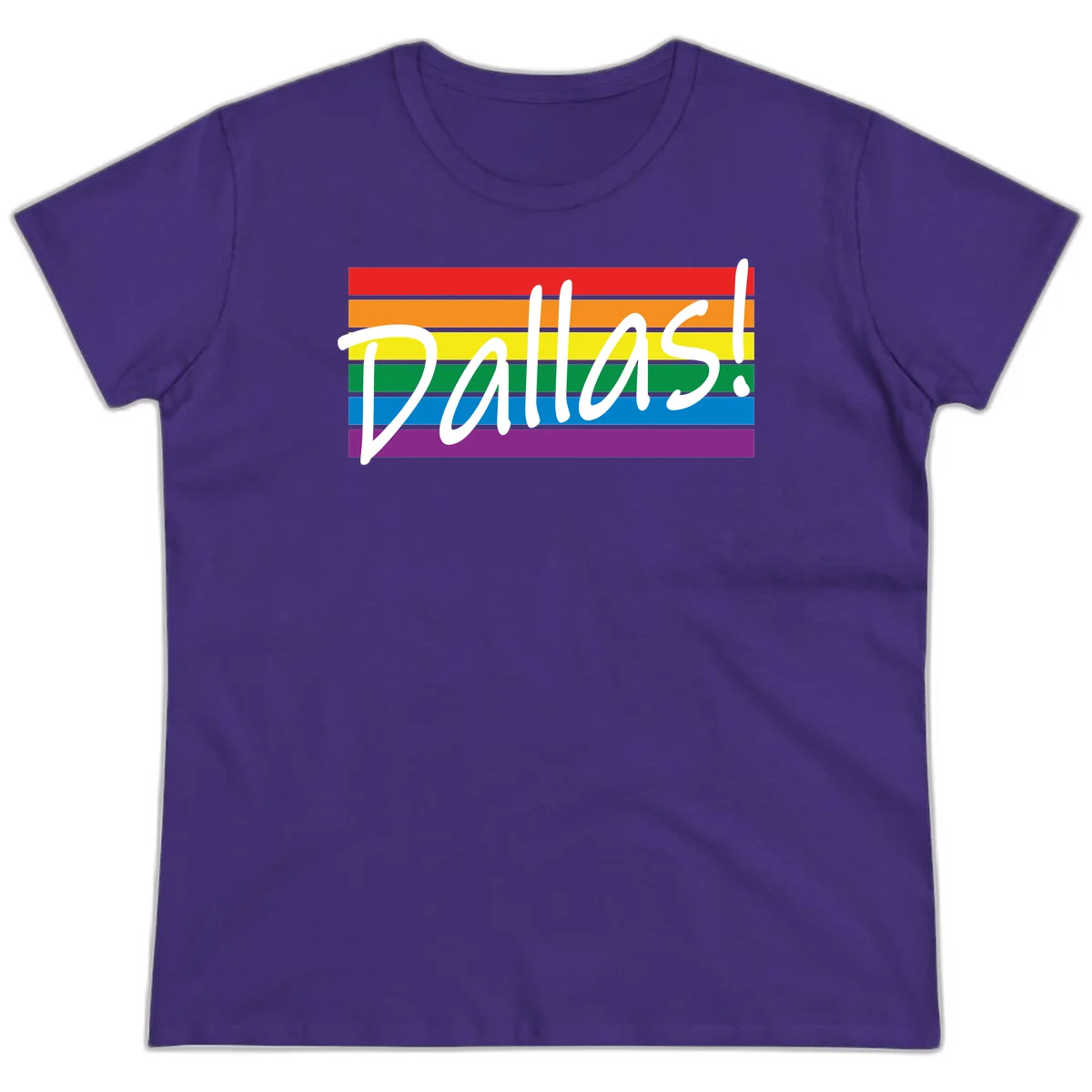 Pallas pride rainbow design with white handwritten text over horizontal stripes in red, orange, yellow, green, blue, and purple in Purple