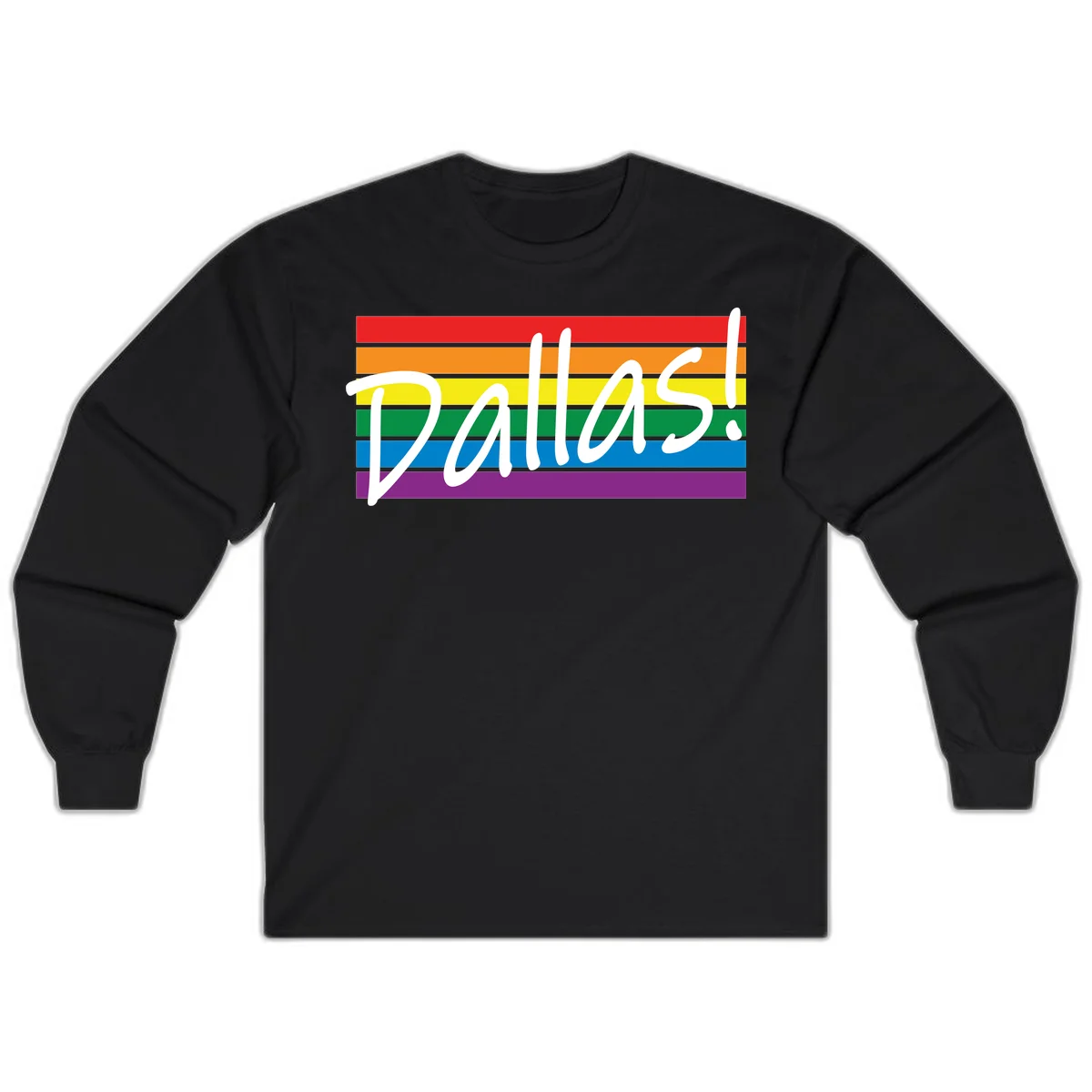 Pallas pride rainbow design with white handwritten text over horizontal stripes in red, orange, yellow, green, blue, and purple in Black