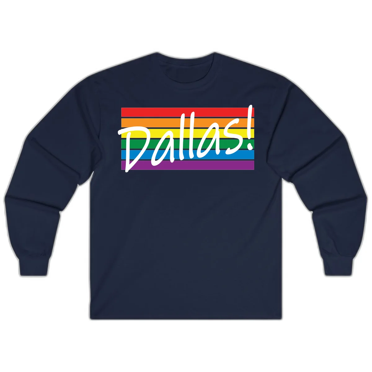 Pallas pride rainbow design with white handwritten text over horizontal stripes in red, orange, yellow, green, blue, and purple in Navy