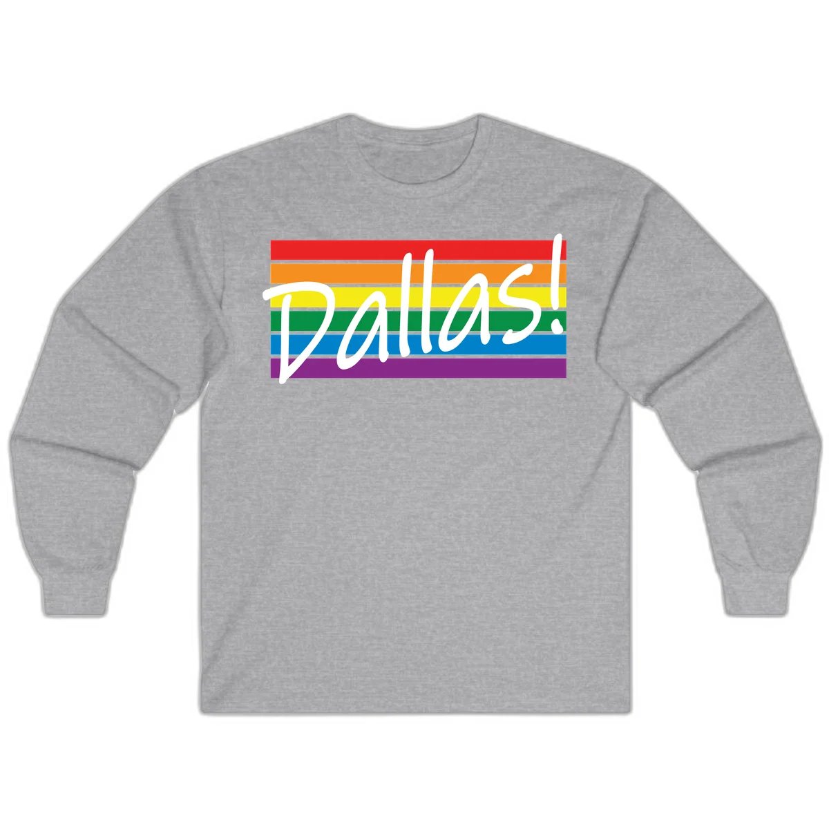 Pallas pride rainbow design with white handwritten text over horizontal stripes in red, orange, yellow, green, blue, and purple in Sport Grey