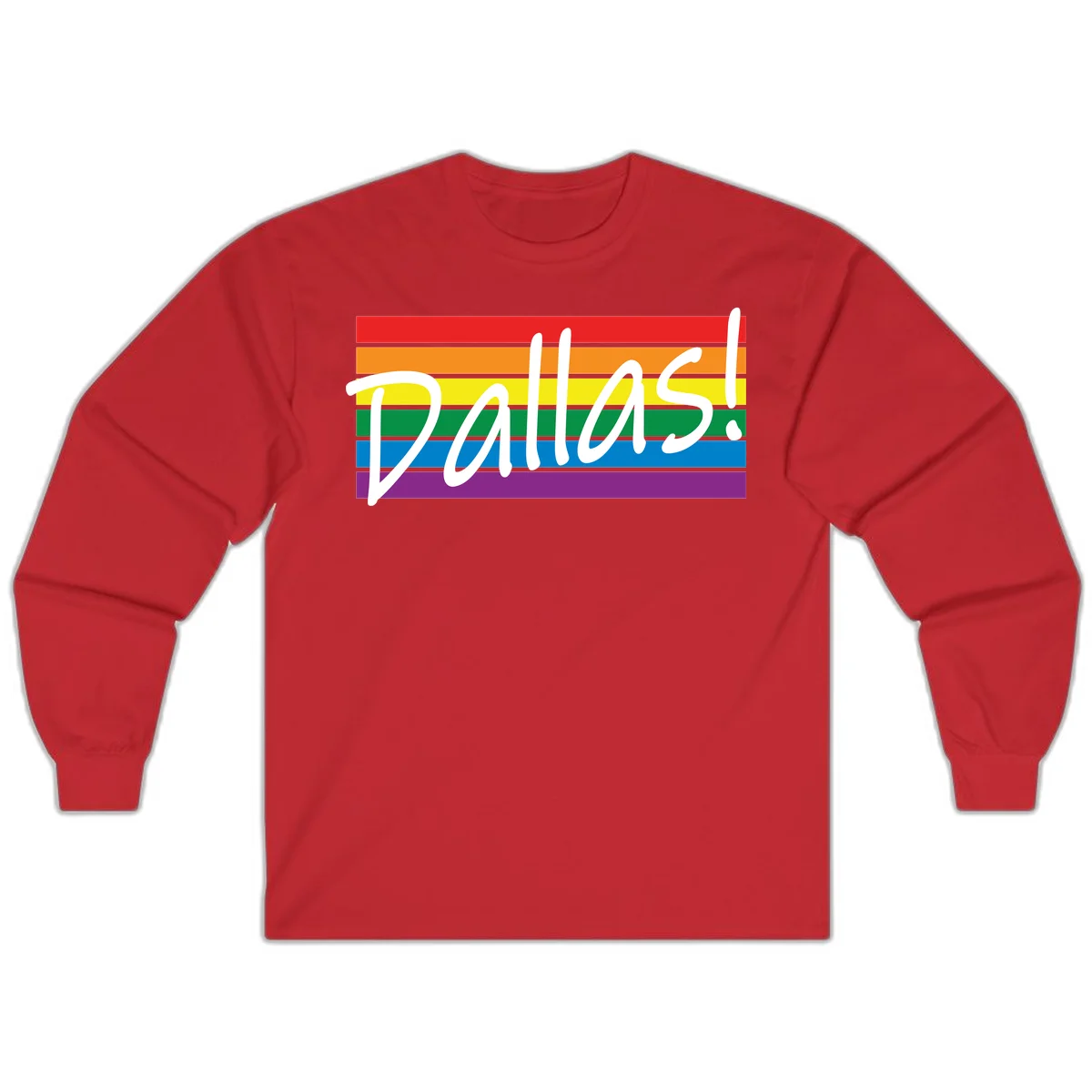 Pallas pride rainbow design with white handwritten text over horizontal stripes in red, orange, yellow, green, blue, and purple in Red