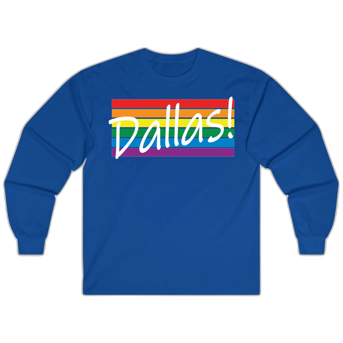 Pallas pride rainbow design with white handwritten text over horizontal stripes in red, orange, yellow, green, blue, and purple in Royal