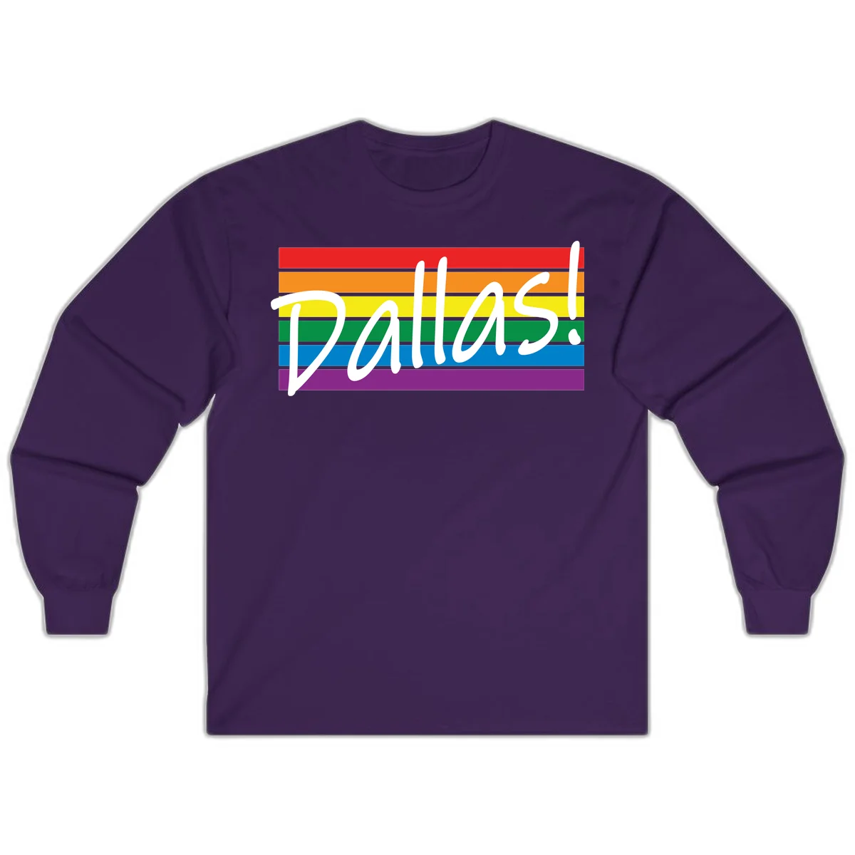 Pallas pride rainbow design with white handwritten text over horizontal stripes in red, orange, yellow, green, blue, and purple in Purple