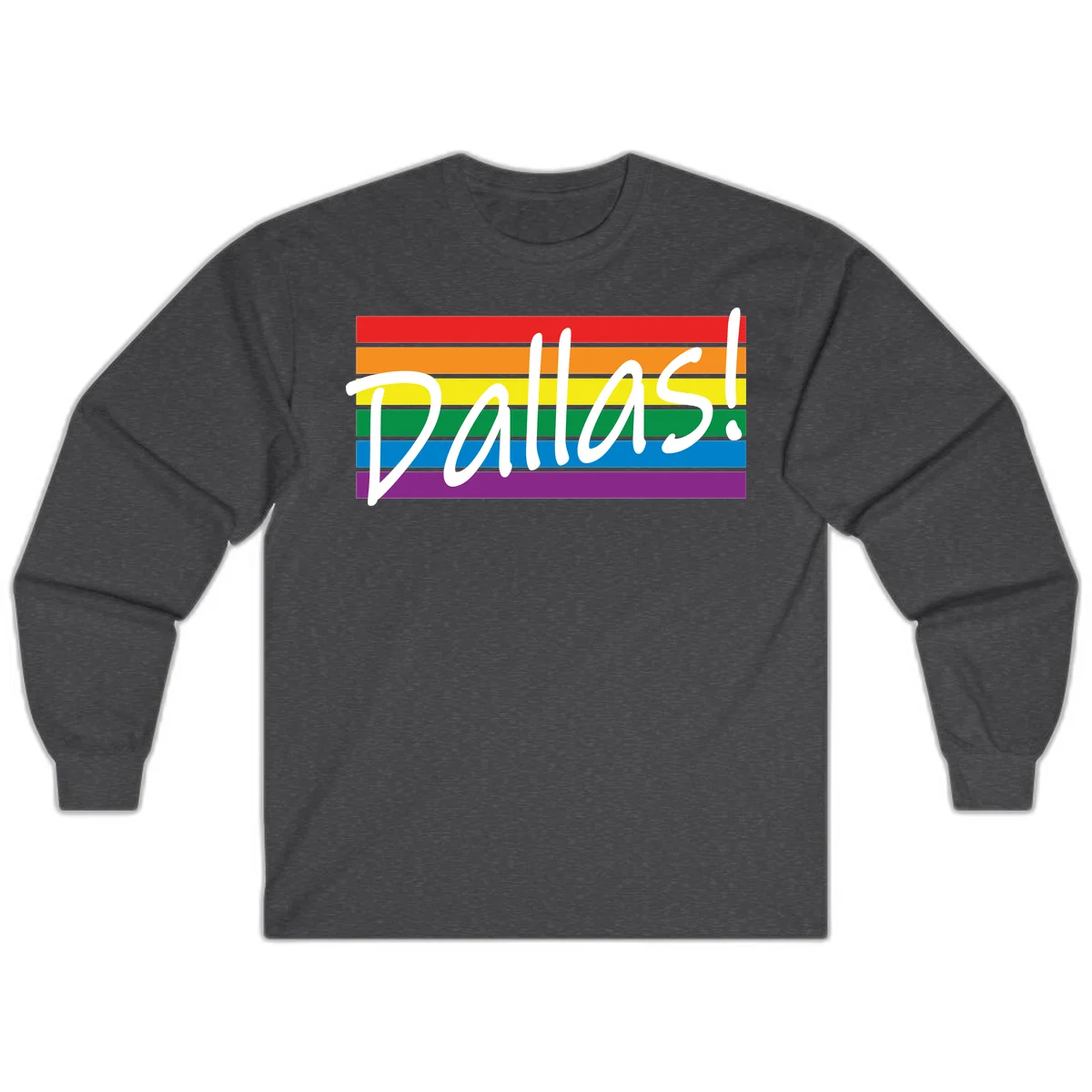 Pallas pride rainbow design with white handwritten text over horizontal stripes in red, orange, yellow, green, blue, and purple in Dark Heather