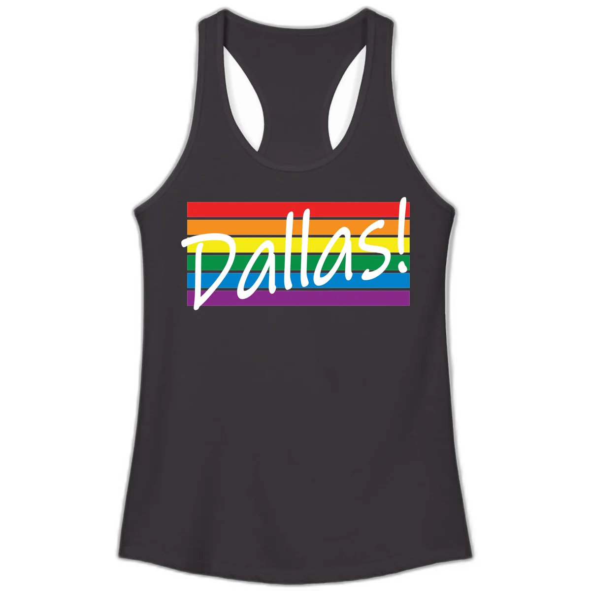 Pallas pride rainbow design with white handwritten text over horizontal stripes in red, orange, yellow, green, blue, and purple in Black