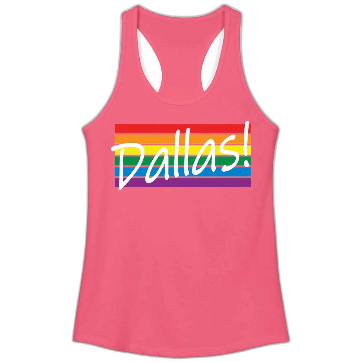 Pallas pride rainbow design with white handwritten text over horizontal stripes in red, orange, yellow, green, blue, and purple in Hot Pink