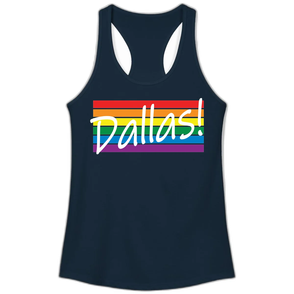 Pallas pride rainbow design with white handwritten text over horizontal stripes in red, orange, yellow, green, blue, and purple in Solid Midnight Navy