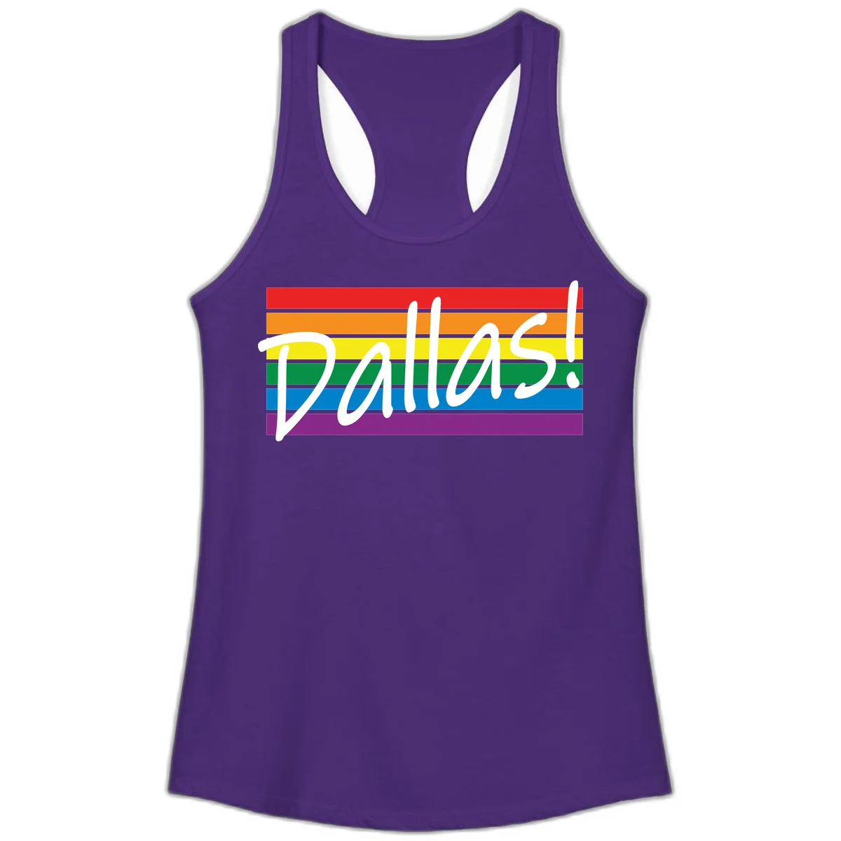 Pallas pride rainbow design with white handwritten text over horizontal stripes in red, orange, yellow, green, blue, and purple in Solid Purple Rush