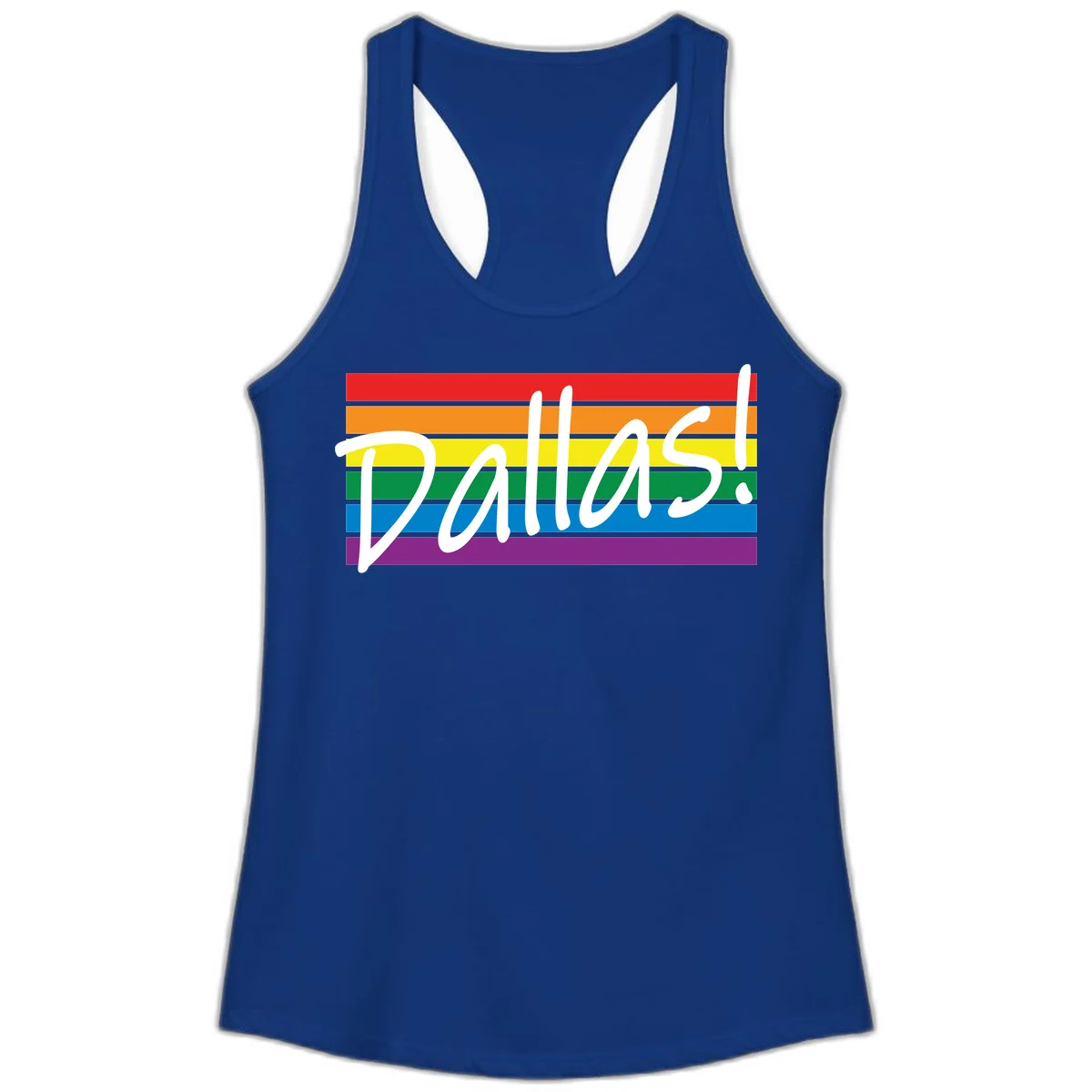 Pallas pride rainbow design with white handwritten text over horizontal stripes in red, orange, yellow, green, blue, and purple in Solid Royal