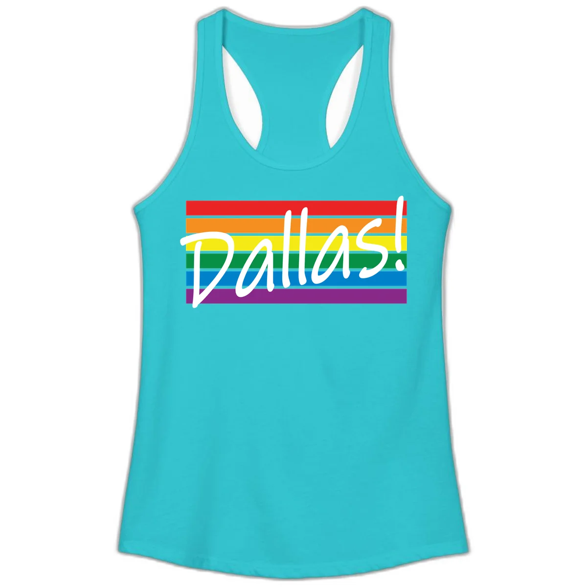 Pallas pride rainbow design with white handwritten text over horizontal stripes in red, orange, yellow, green, blue, and purple in Solid Tahiti Blue