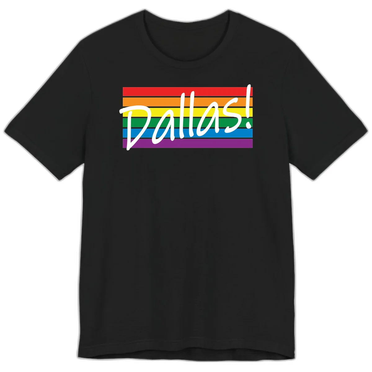 Pallas pride rainbow design with white handwritten text over horizontal stripes in red, orange, yellow, green, blue, and purple in Black