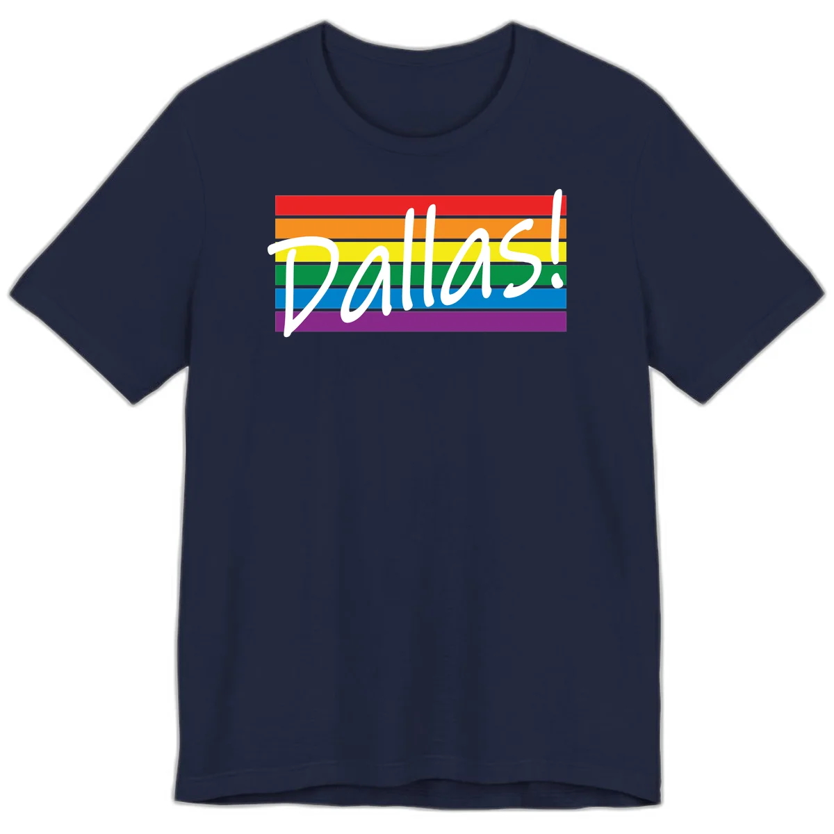 Pallas pride rainbow design with white handwritten text over horizontal stripes in red, orange, yellow, green, blue, and purple in Navy