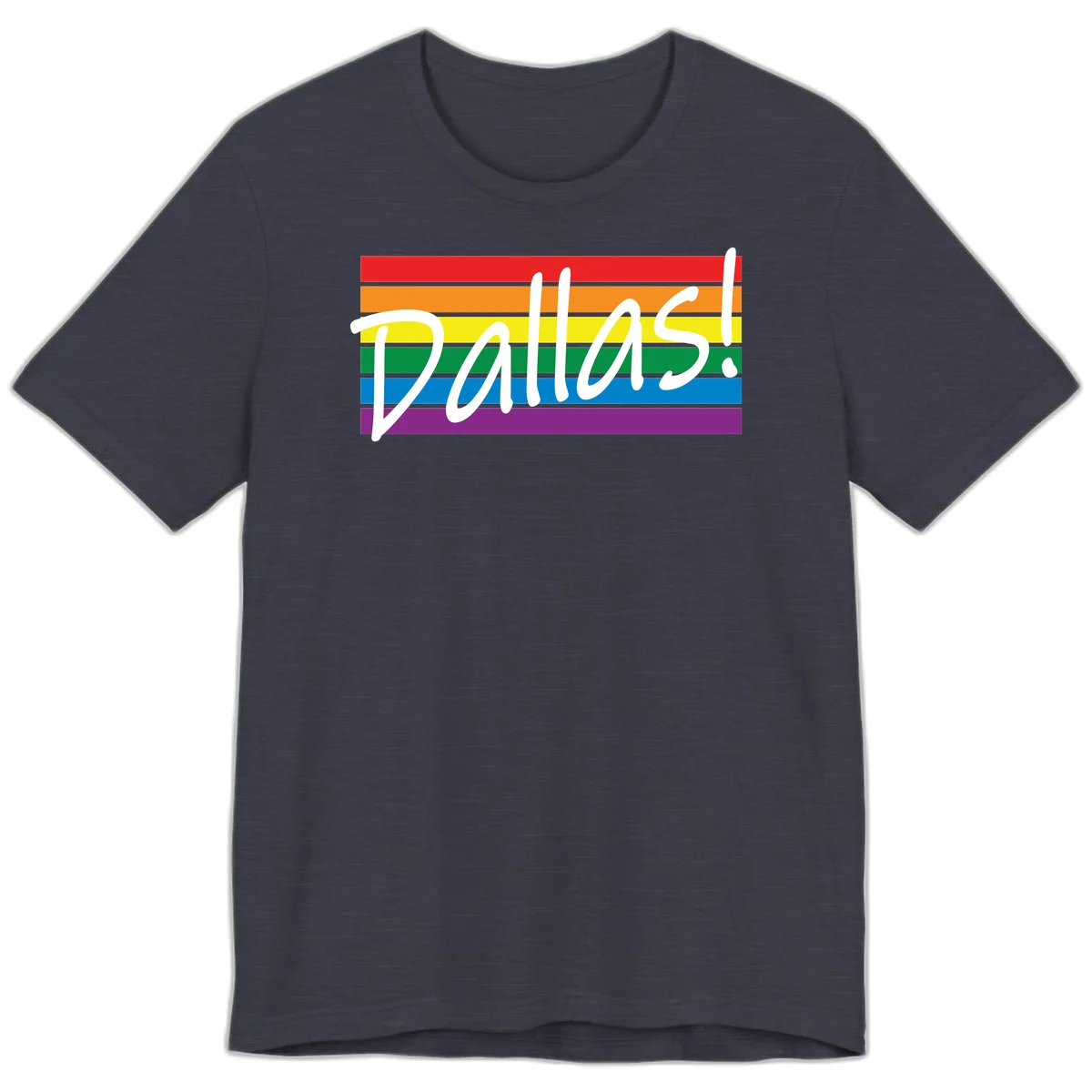 Pallas pride rainbow design with white handwritten text over horizontal stripes in red, orange, yellow, green, blue, and purple in Heather Midnight Navy