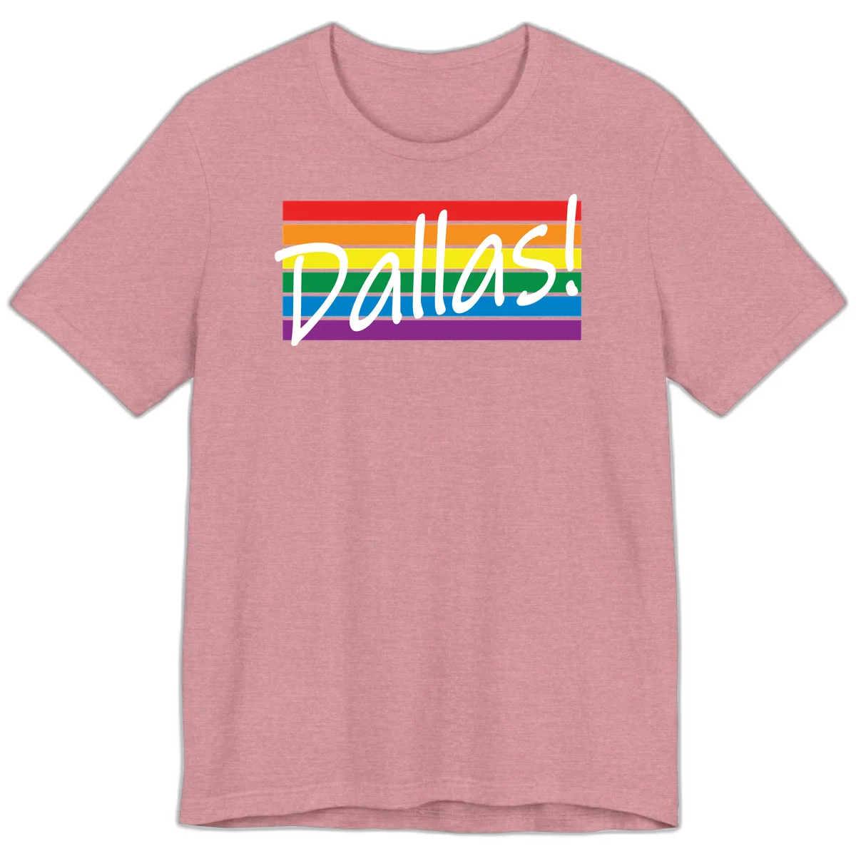 Pallas pride rainbow design with white handwritten text over horizontal stripes in red, orange, yellow, green, blue, and purple in Heather Orchid