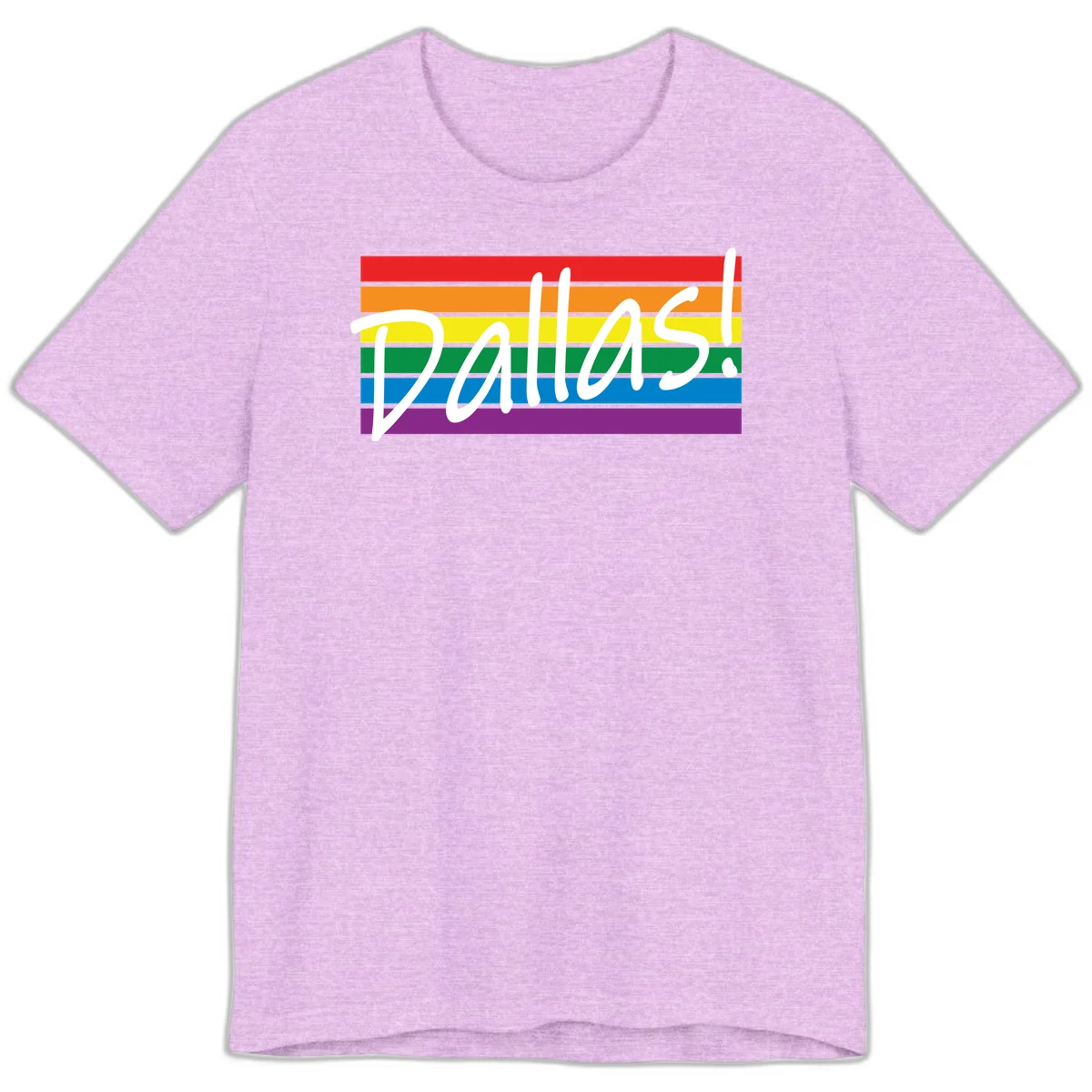 Pallas pride rainbow design with white handwritten text over horizontal stripes in red, orange, yellow, green, blue, and purple in Heather Prism Lilac