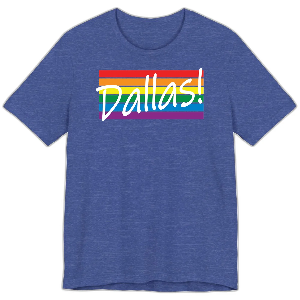 Pallas pride rainbow design with white handwritten text over horizontal stripes in red, orange, yellow, green, blue, and purple in Heather True Royal
