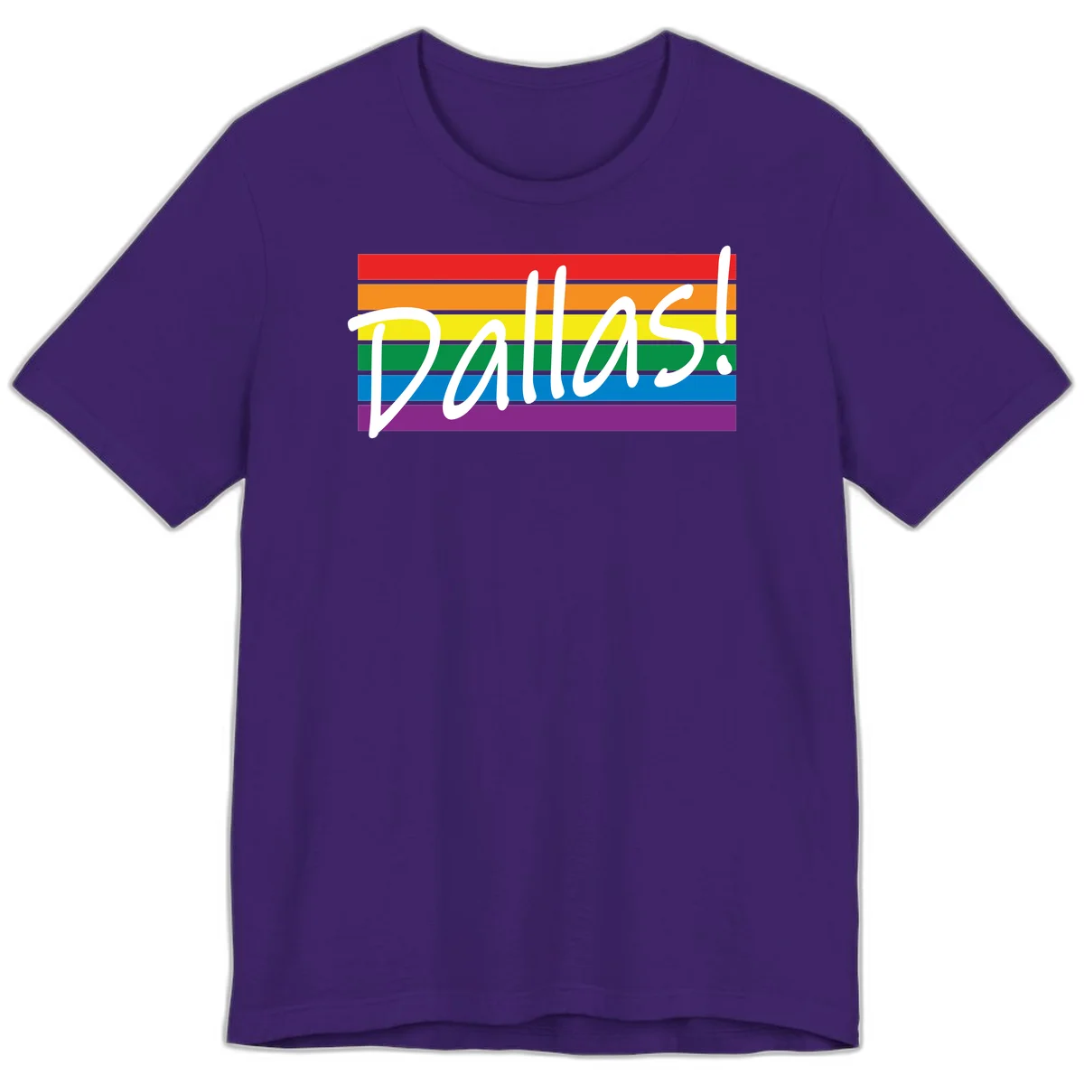 Pallas pride rainbow design with white handwritten text over horizontal stripes in red, orange, yellow, green, blue, and purple in Team Purple