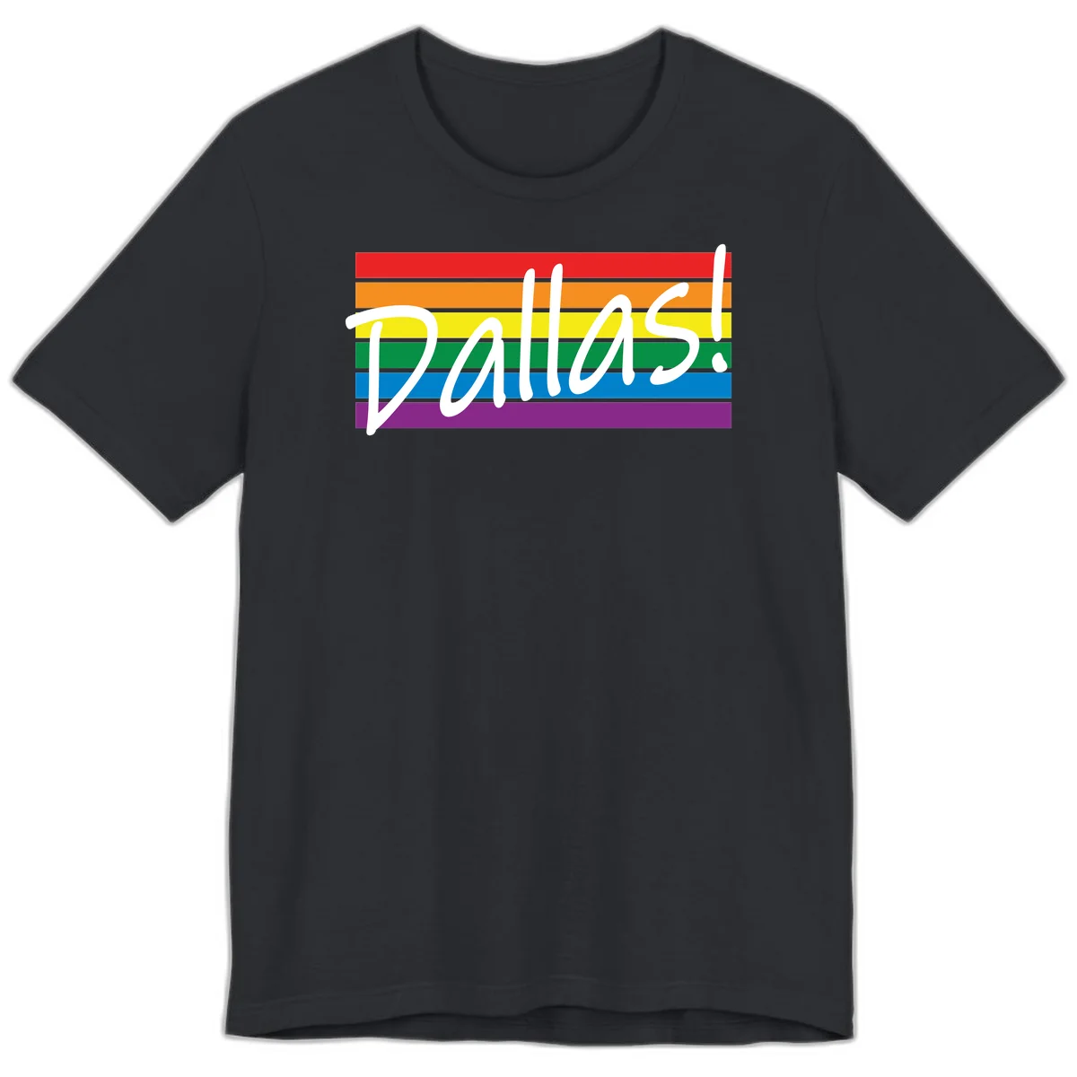 Pallas pride rainbow design with white handwritten text over horizontal stripes in red, orange, yellow, green, blue, and purple in Vintage Black