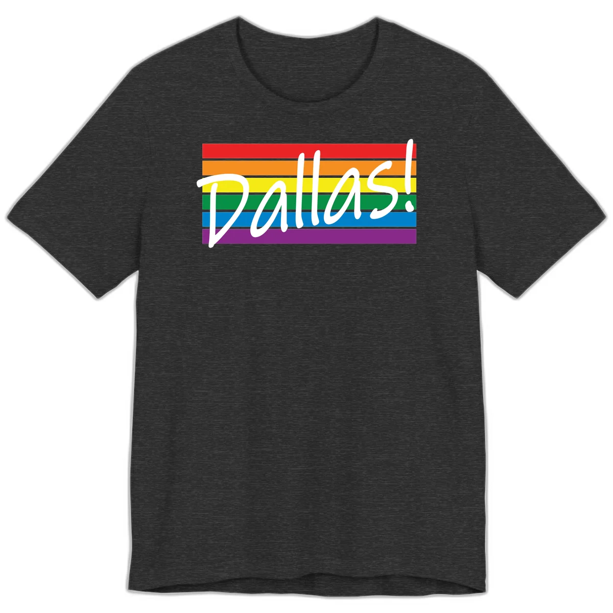 Pallas pride rainbow design with white handwritten text over horizontal stripes in red, orange, yellow, green, blue, and purple in Dark Grey Heather