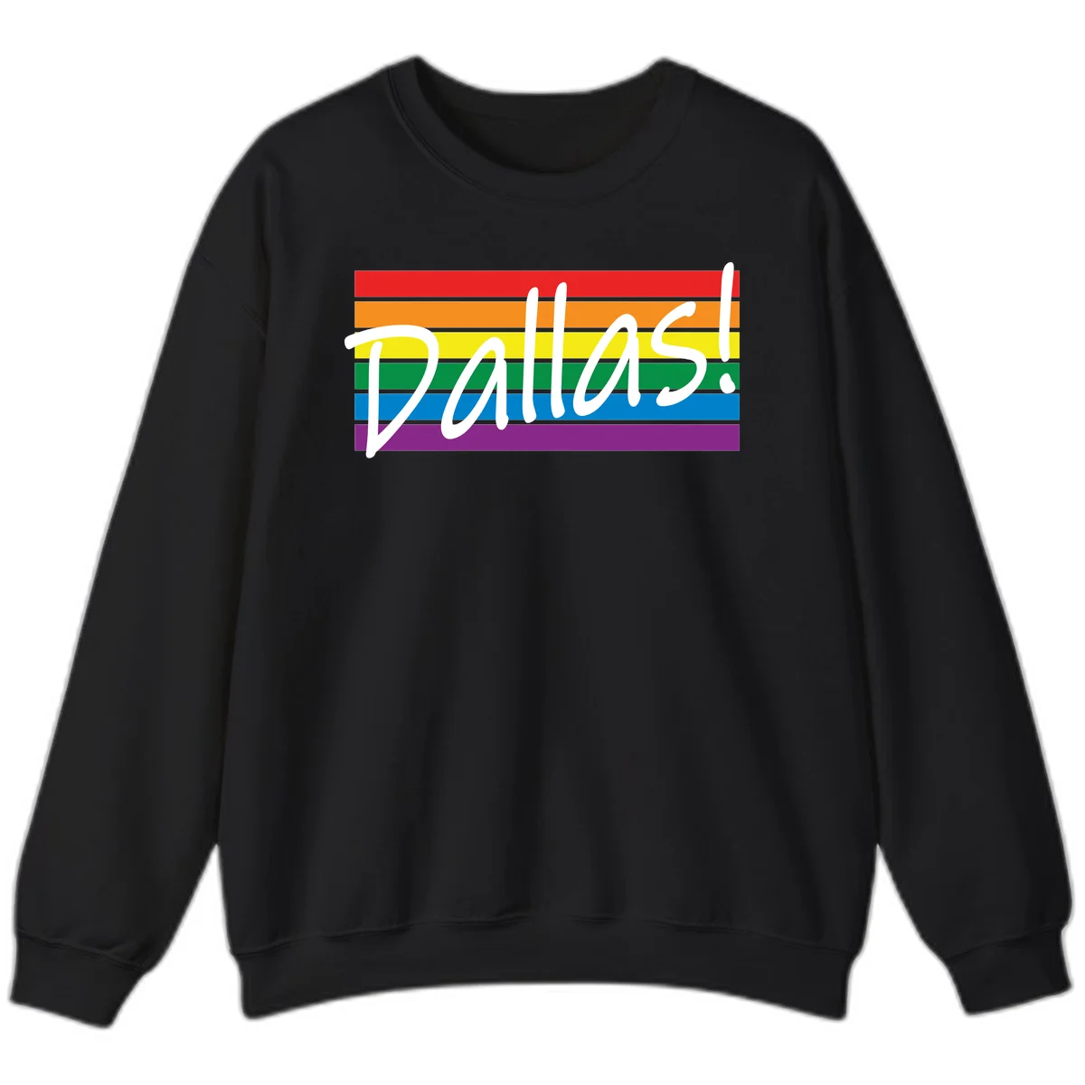 Pallas pride rainbow design with white handwritten text over horizontal stripes in red, orange, yellow, green, blue, and purple in Black