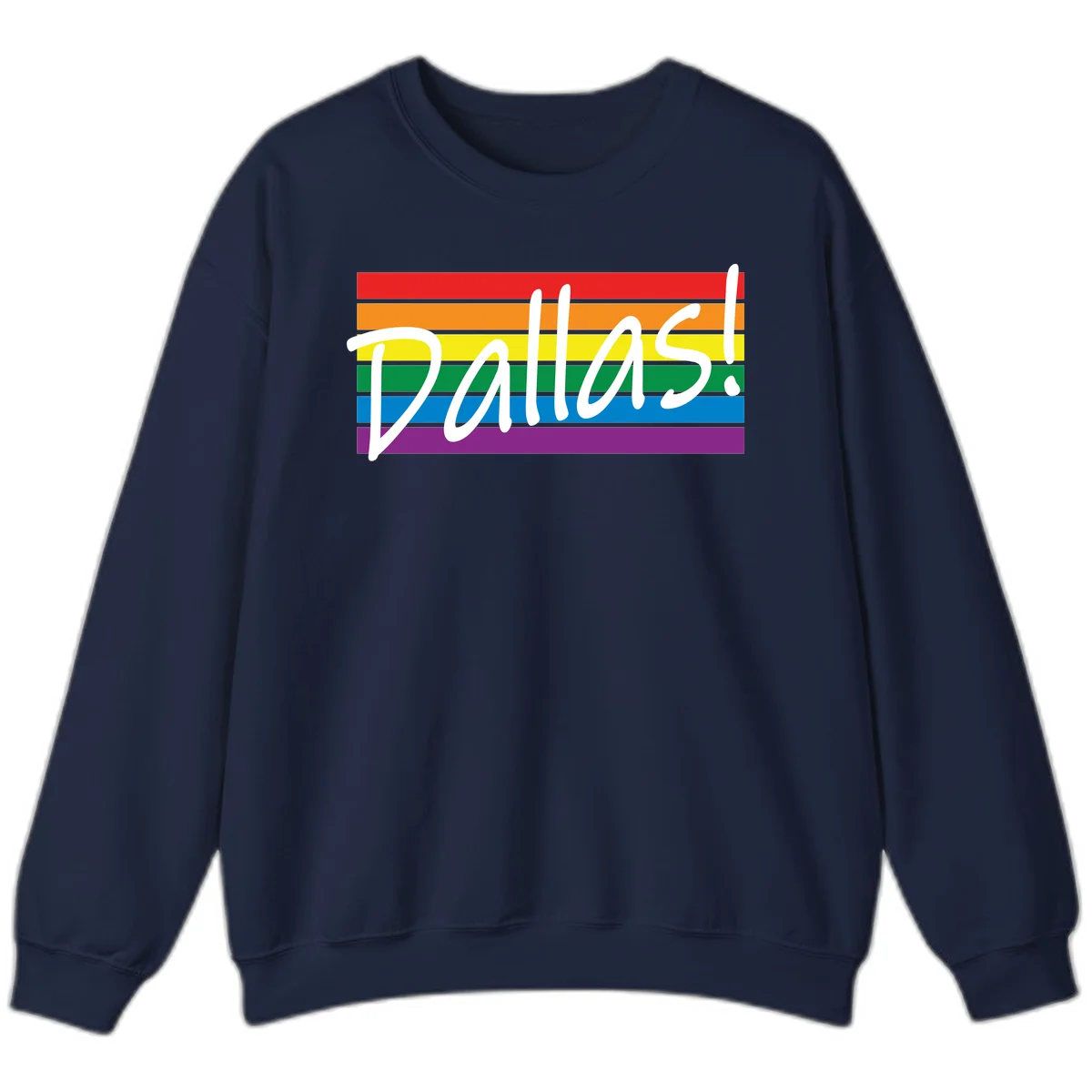 Pallas pride rainbow design with white handwritten text over horizontal stripes in red, orange, yellow, green, blue, and purple in Navy