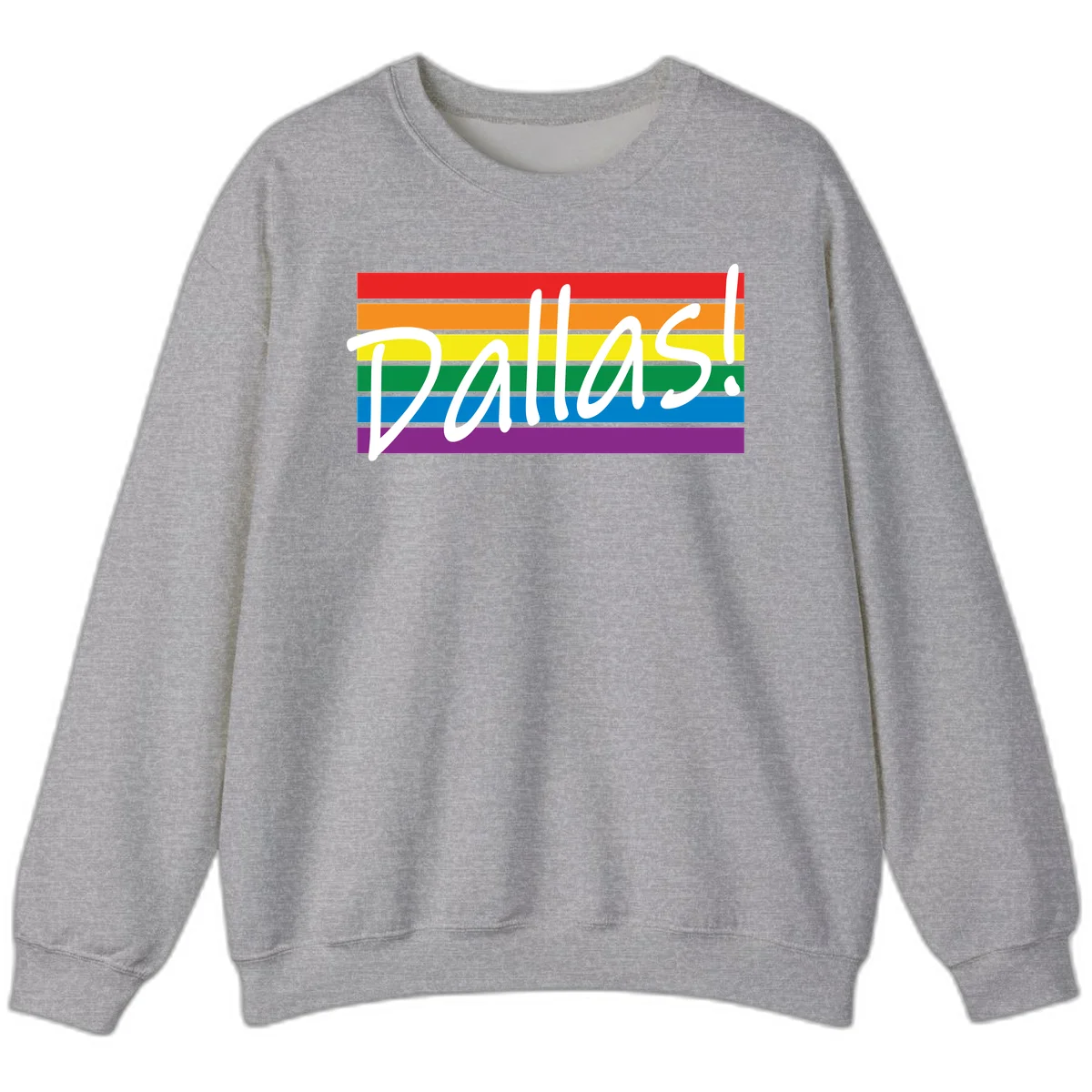 Pallas pride rainbow design with white handwritten text over horizontal stripes in red, orange, yellow, green, blue, and purple in Sport Grey