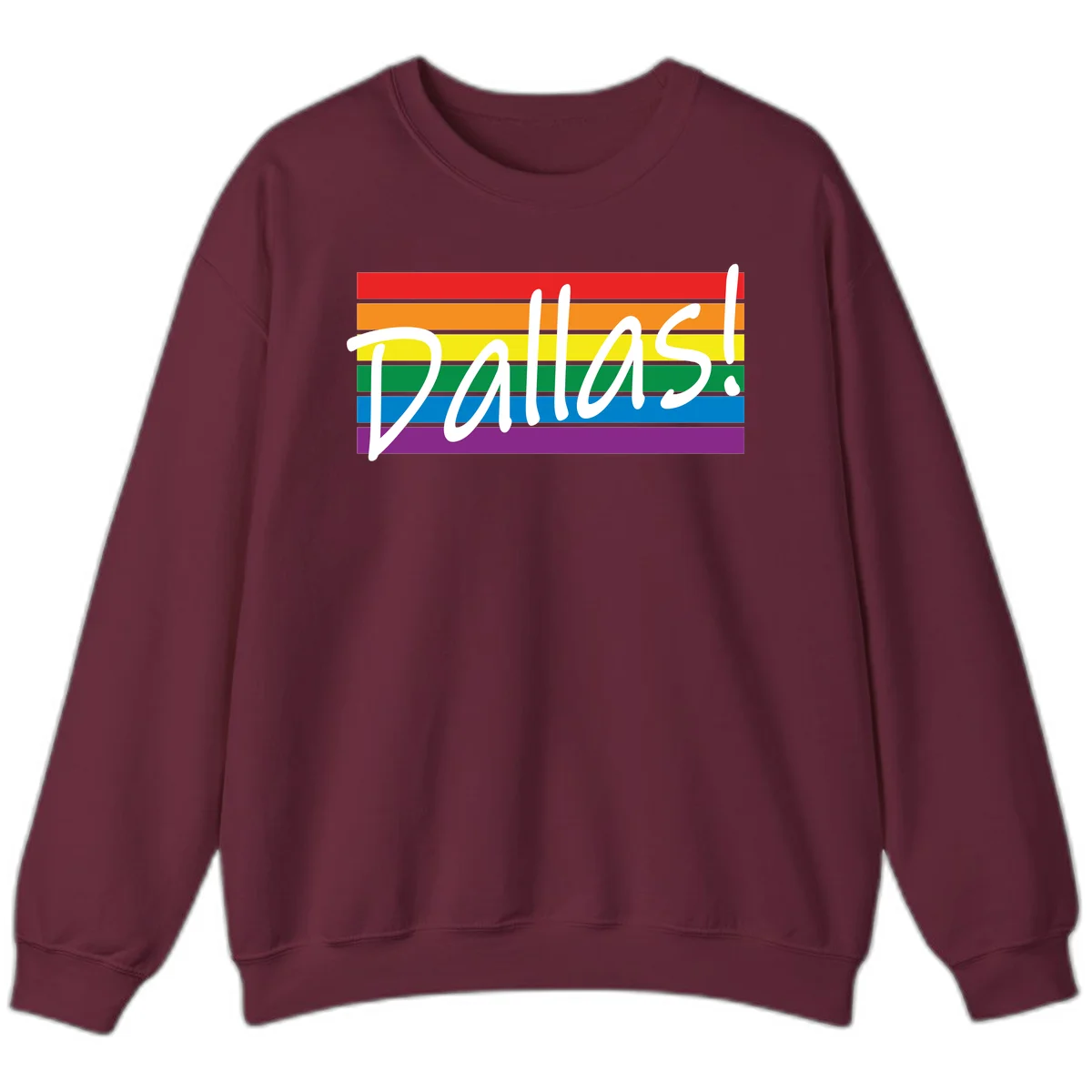 Pallas pride rainbow design with white handwritten text over horizontal stripes in red, orange, yellow, green, blue, and purple in Maroon